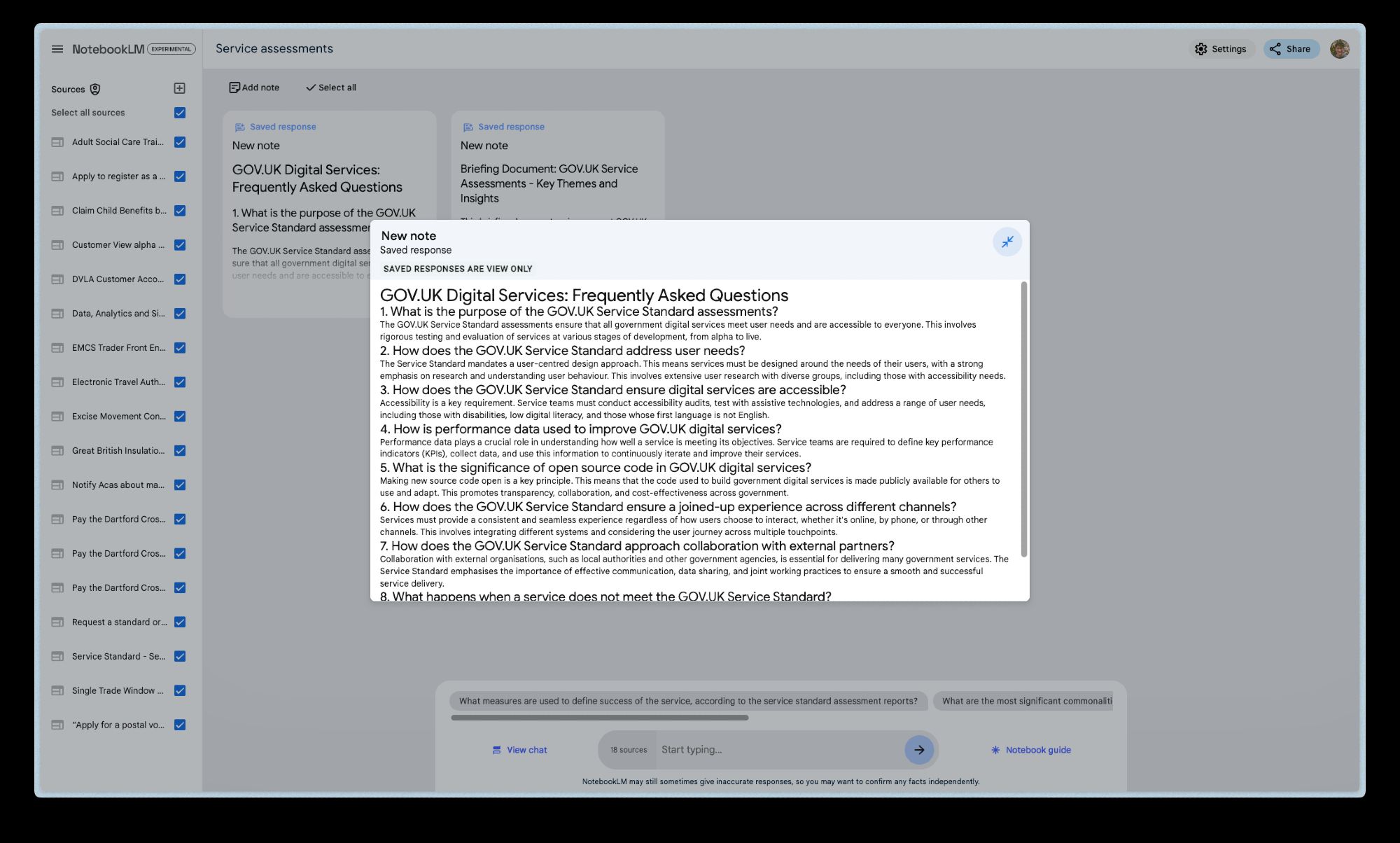 A NotebookLM interface with an overlay of 'frequently asked questions' generated by NotebookLM about GOV.UK digital services