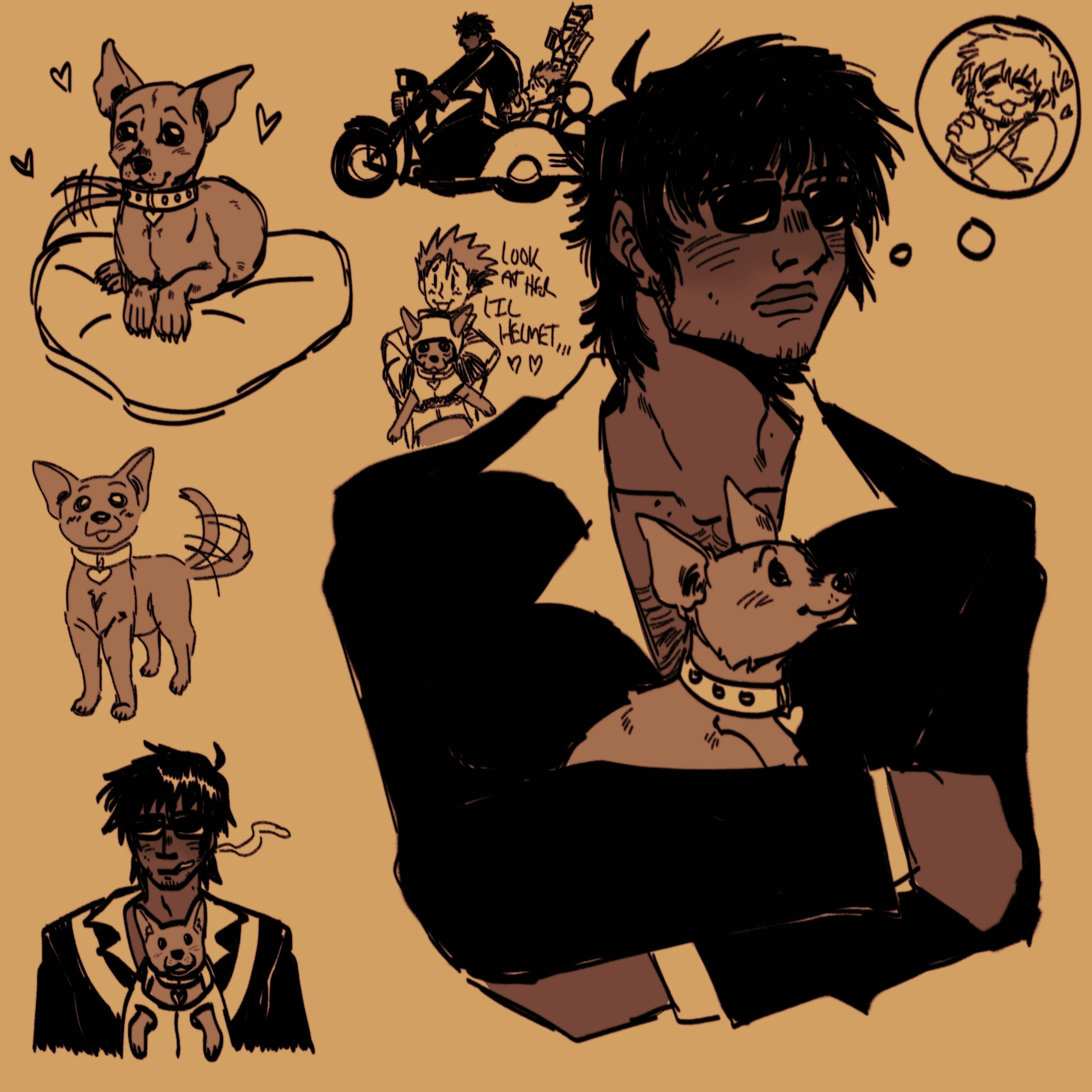 Various doodles of Nicholas D Wolfwood featuring a small chihuahua. The main drawing, he is holding the dog and looking to the right with a neutral expression, but there is a thought bubble of him being lovey and happy about holding the dog. There is a small drawing of Wolfwood holding the dog in a baby carrier against his chest. Above that is a single drawing of the dog looking up and wagging her tail. Above that is a drawing of the dog laying in a dog bed and wagging her tail with hearts above her head. To the right is a drawing of Wolfwood, Vash, and the dog sitting in Angelina II, Wolfwood's motorcycle. Underneath that drawing is one of Vash holding the dog who has a little vest and helmet on. He is saying "look at her lil helmet..."