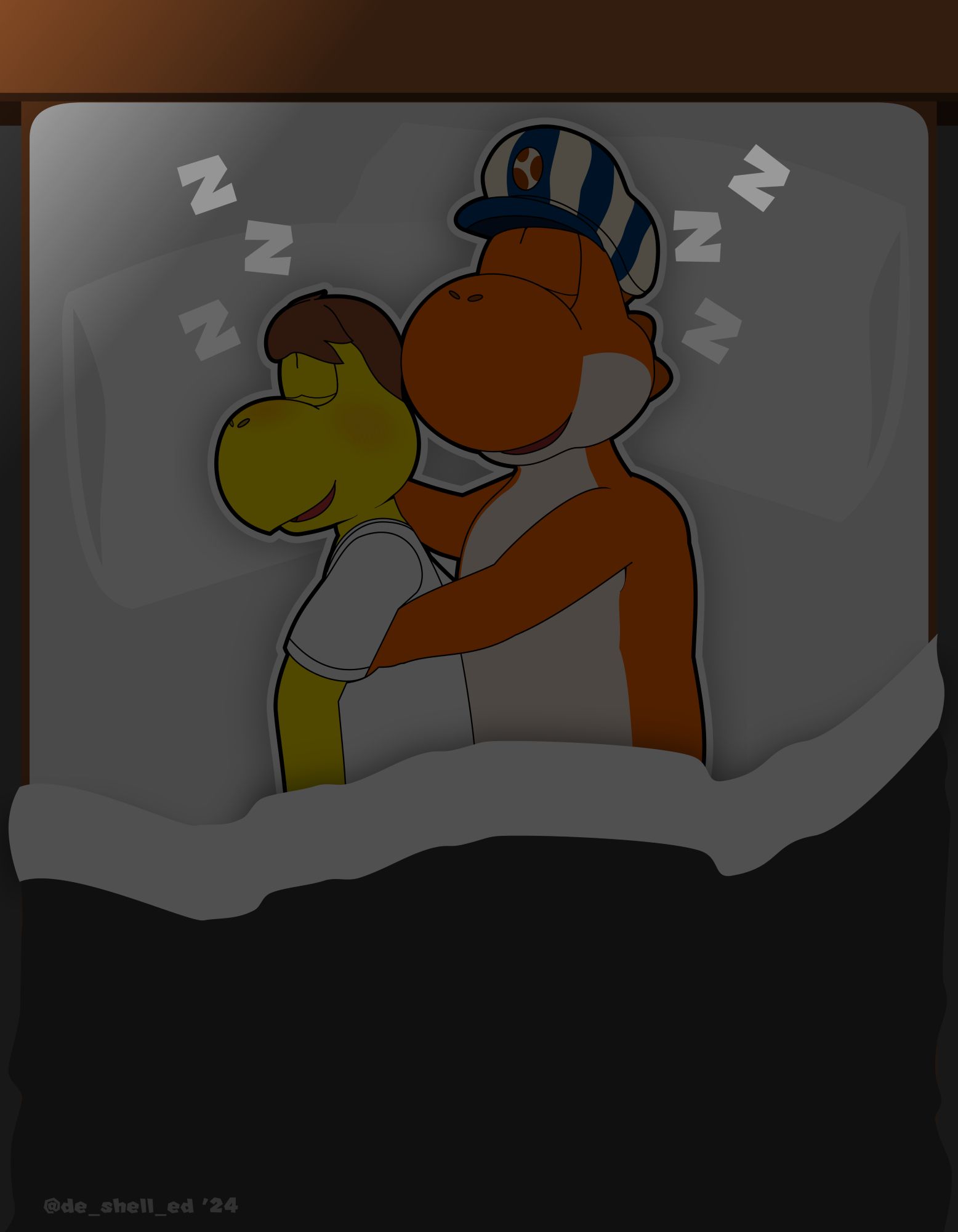 A Koopa (Eddie) and an orange Yoshi (Jinty) laying down in a bed asleep in a spooning position. The room they're in is dimly lit.