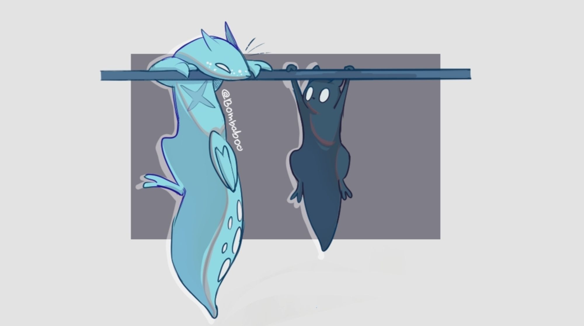 Spearmaster and Coal are hanging themselves from a metal bar. Spearmaster is sligthy sideways but is looking at Coal. Coal is also looking at spearmaster.