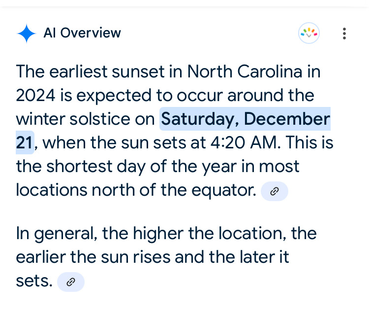 Google Overview of NC sunset times
