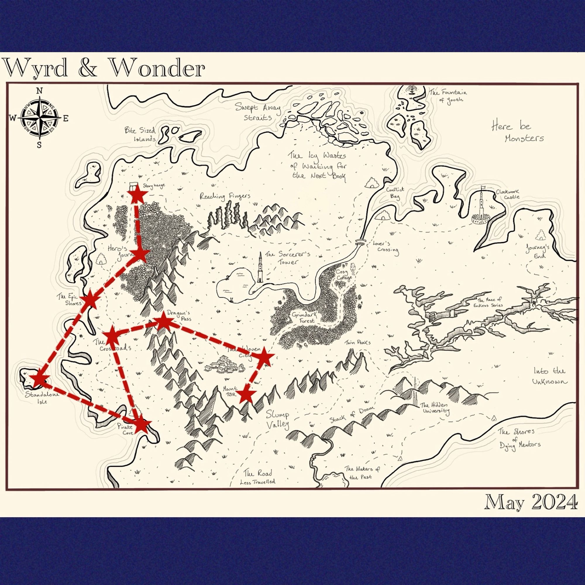 Wyrd & Wonder map by Ariana (IG: @booknookreview) with my journey added in red