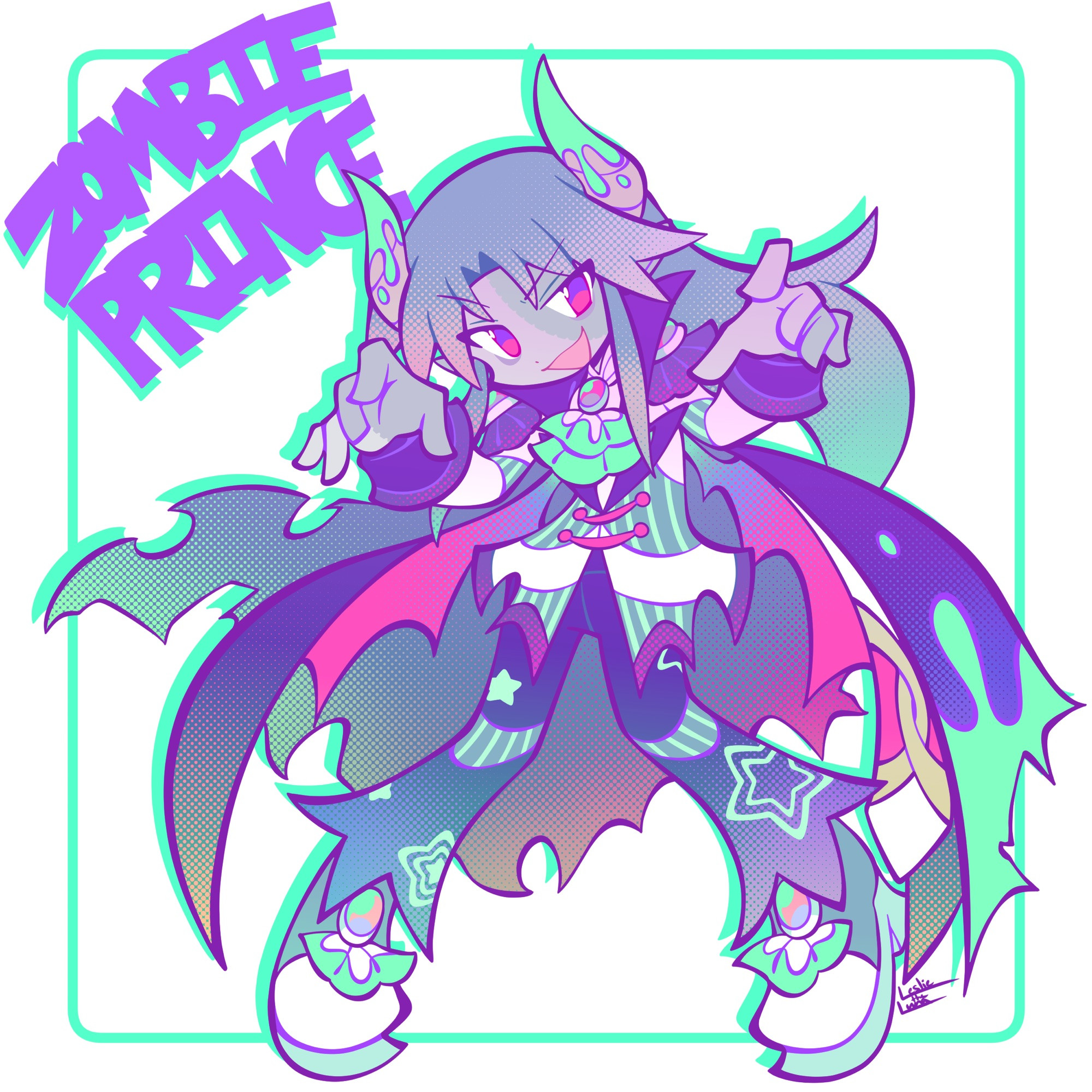 Satan wearing a zombie prince themed Halloween costume with bright neon themed colors and a torn cape. Text in the background reads 'ZOMBIE PRINCE' in bright purple.