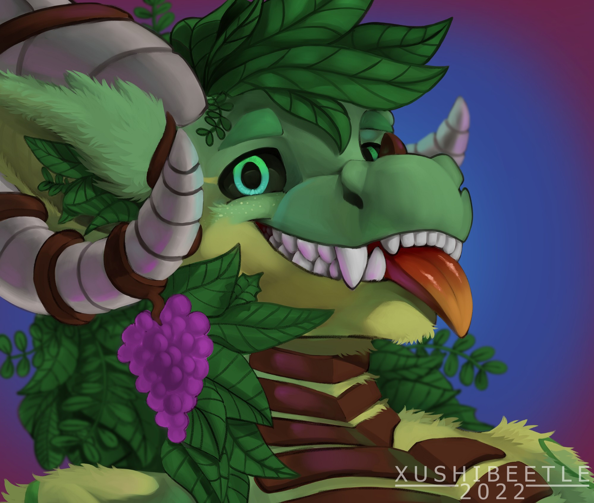 A green dragon with plant inspired features, looking at the viewer with a toothy grin and his tongue out. The hair on the dragon is made out of leaves and on one of the dragon's curled horns there are grapes hanging