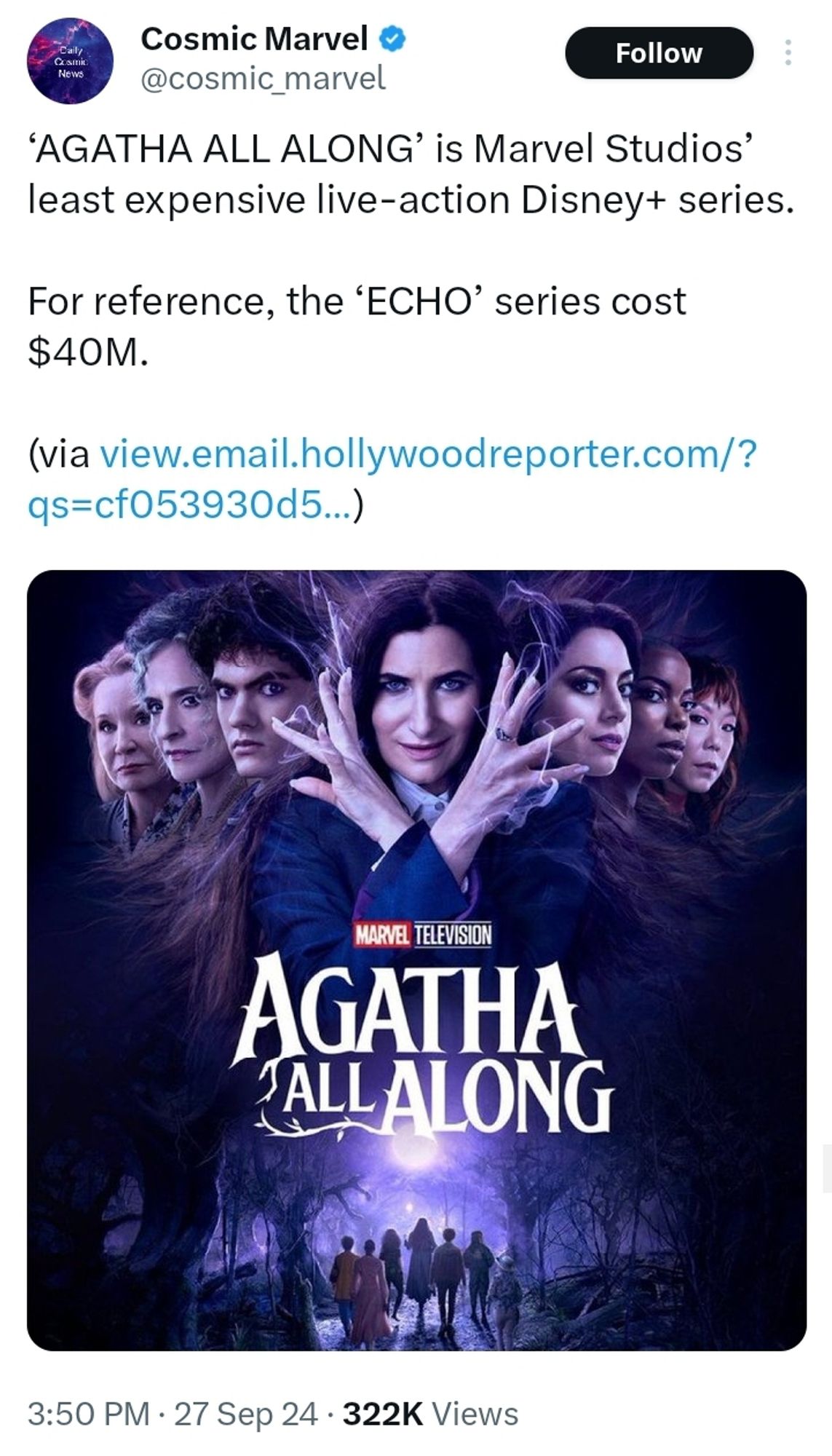 Tweet from @cosmic_marvel:

‘AGATHA ALL ALONG’ is Marvel Studiosʼ least expensive live-action Disney+ series.

For reference, the ‘ECHO’ series cost $40M.

(via https://view.email.hollywoodreporter.com/?qs=cf053930d5e9af69b4d0c47f57dfccc631fcfbb8583038ee35306ea110c78987660f8b613204f5623eaf03eb743b9a9e5f43b1c26f238638a346aca1e07d29317cd5dedad30e568d)