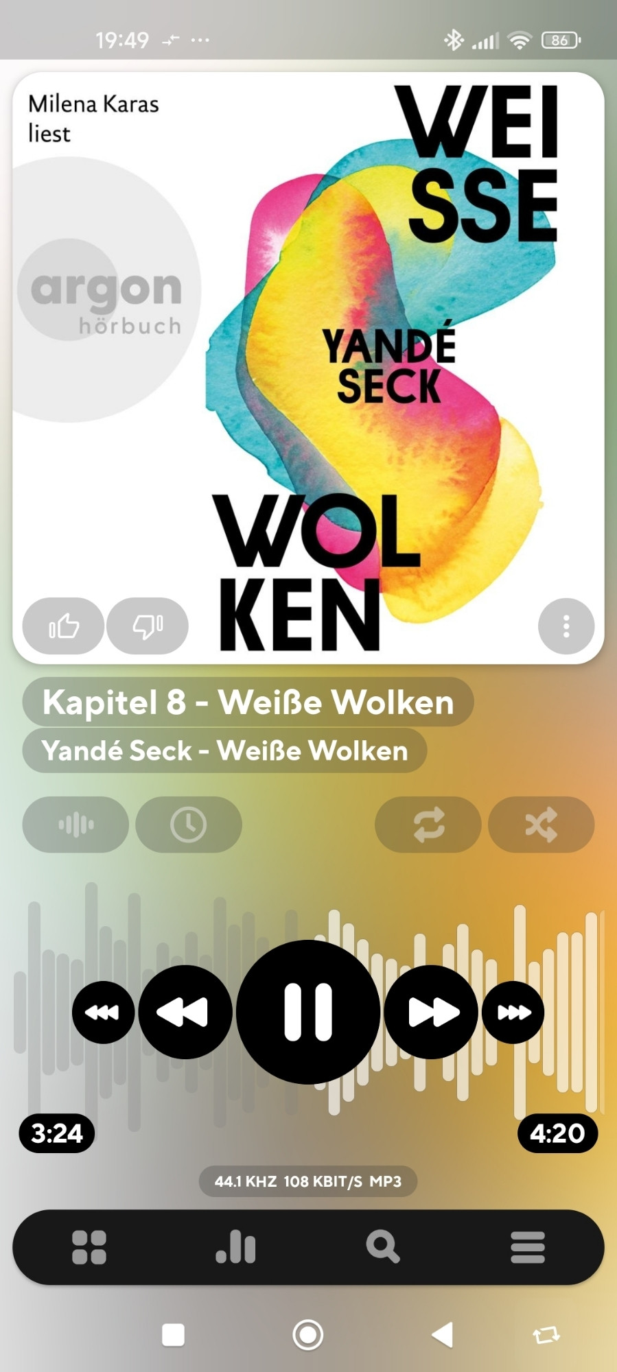 Screenshot eines Hörbuches. Yandé Seck. Weisse Wolken.