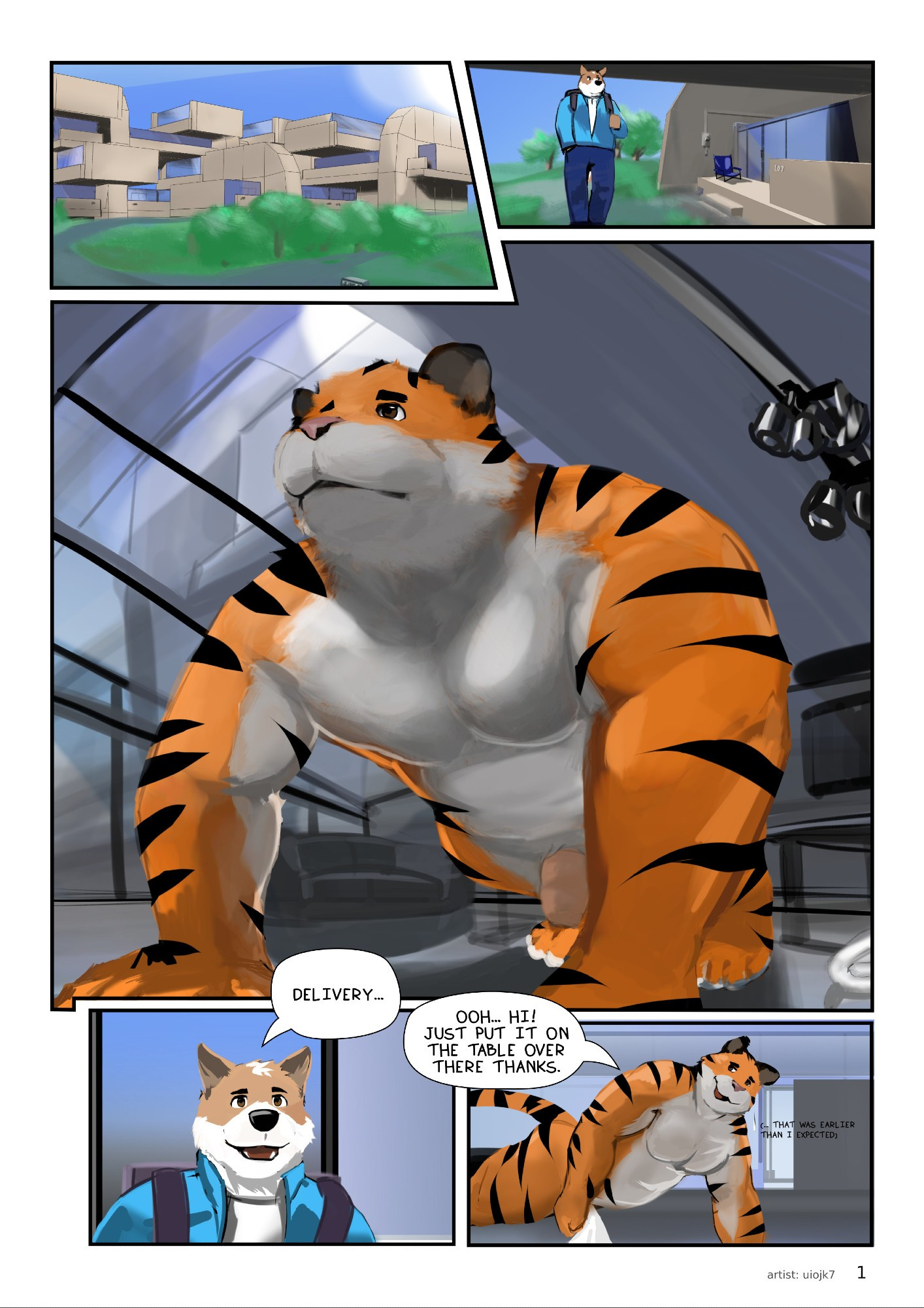 A tiger character doing push ups naked in the middle of his apartment living room. A delivery person dog character came by to bring him his food delivery.