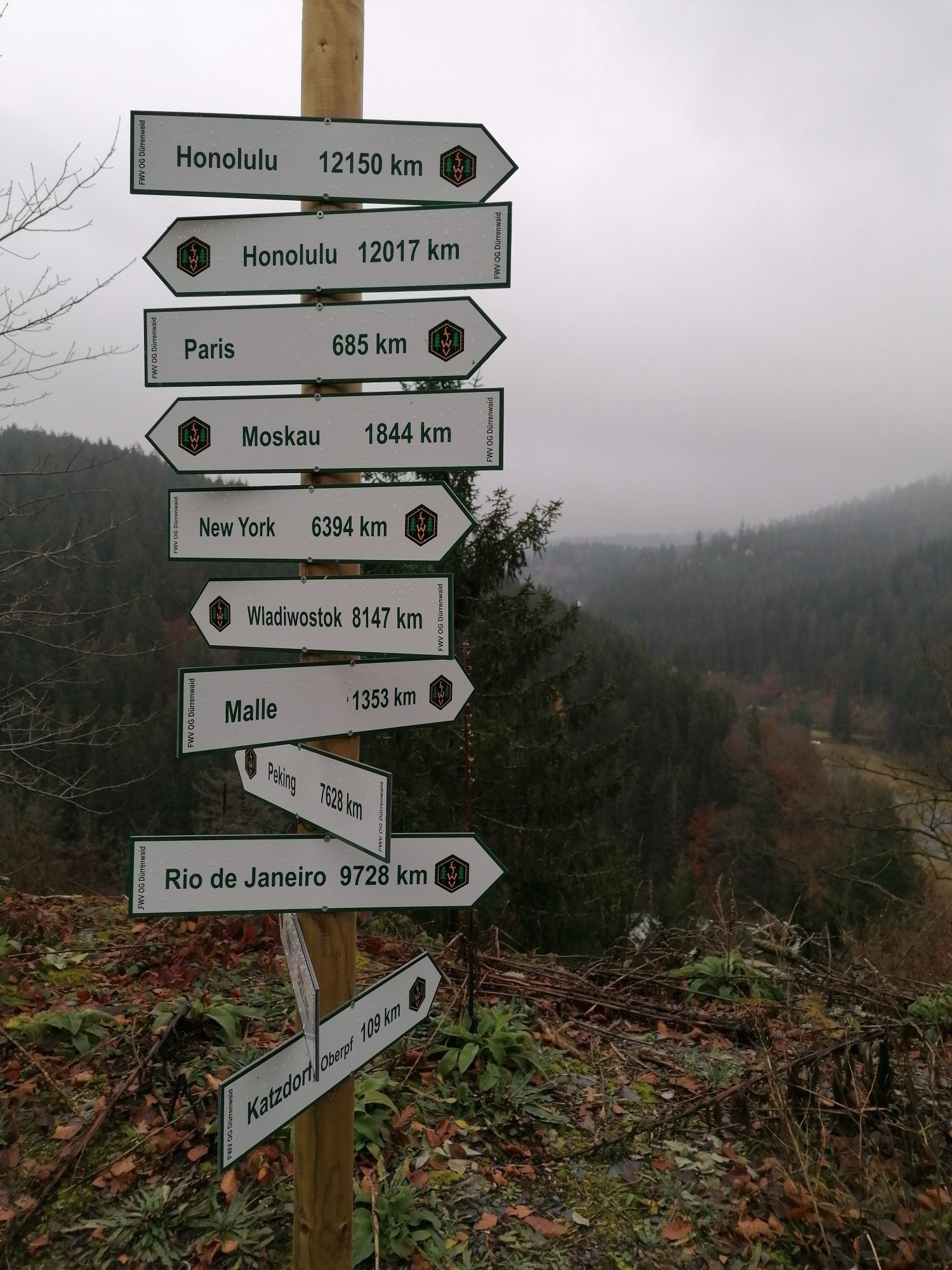 Ein Pfahl mit verschiedensten Wegweisern im fränkischen Schieferwald. Unter anderem steht dort New York 6394km. Soweit möchte ich dann doch nicht wandern...