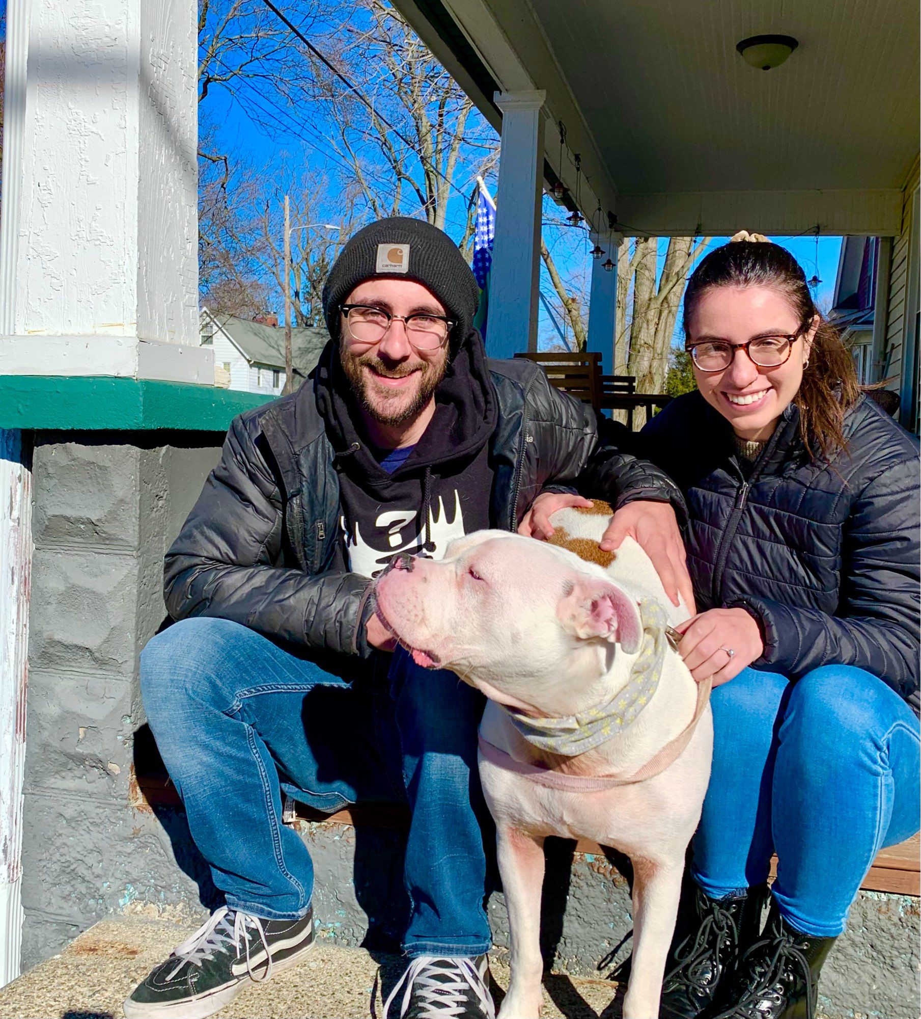 My son, the not-a-pug dog and my daughter in law.