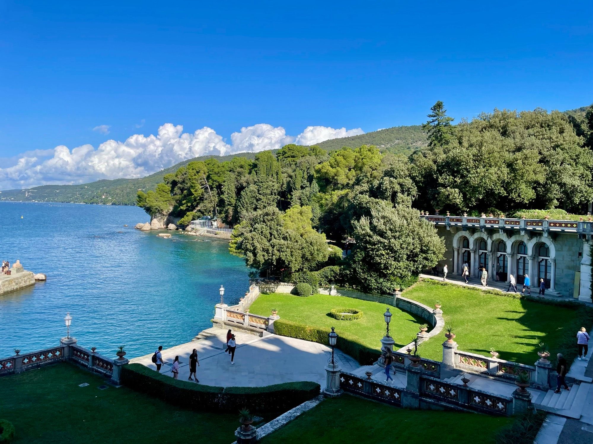 View from Miramare castle diwn through pleasure gardens to the blue Adriatic