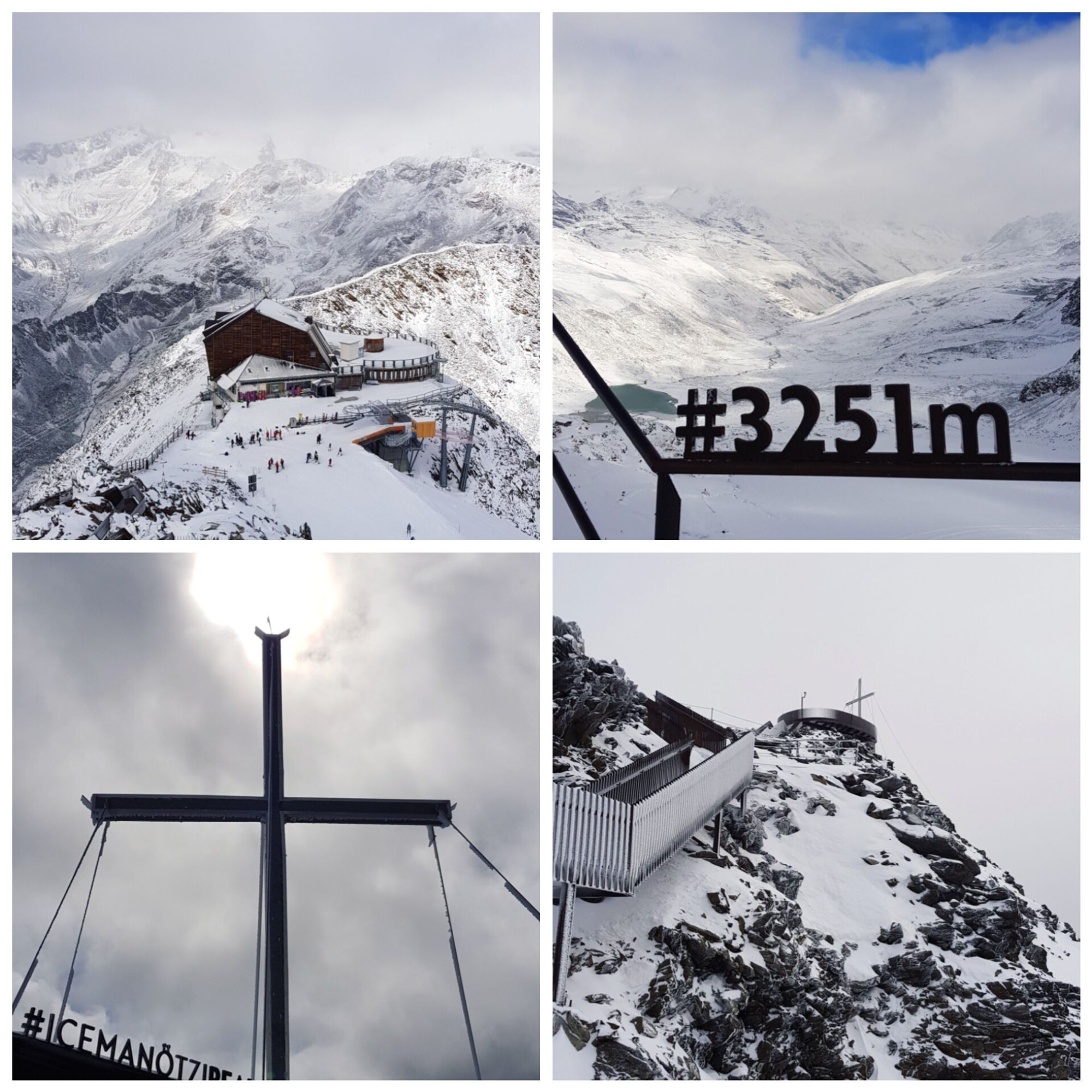 Photos of alpine mountains covered in snow.
One pic shows a summit cross, one the hight of the summit 3251m. On one is a hut.