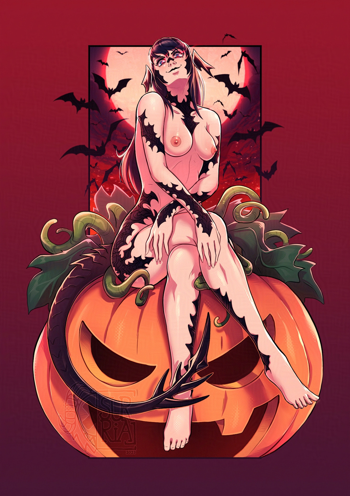 Drawing of a naked Au Ra (Final Fantasy 14 species) woman sitting cross-legged on a big pumpkin with a carved face surrounded by bats.