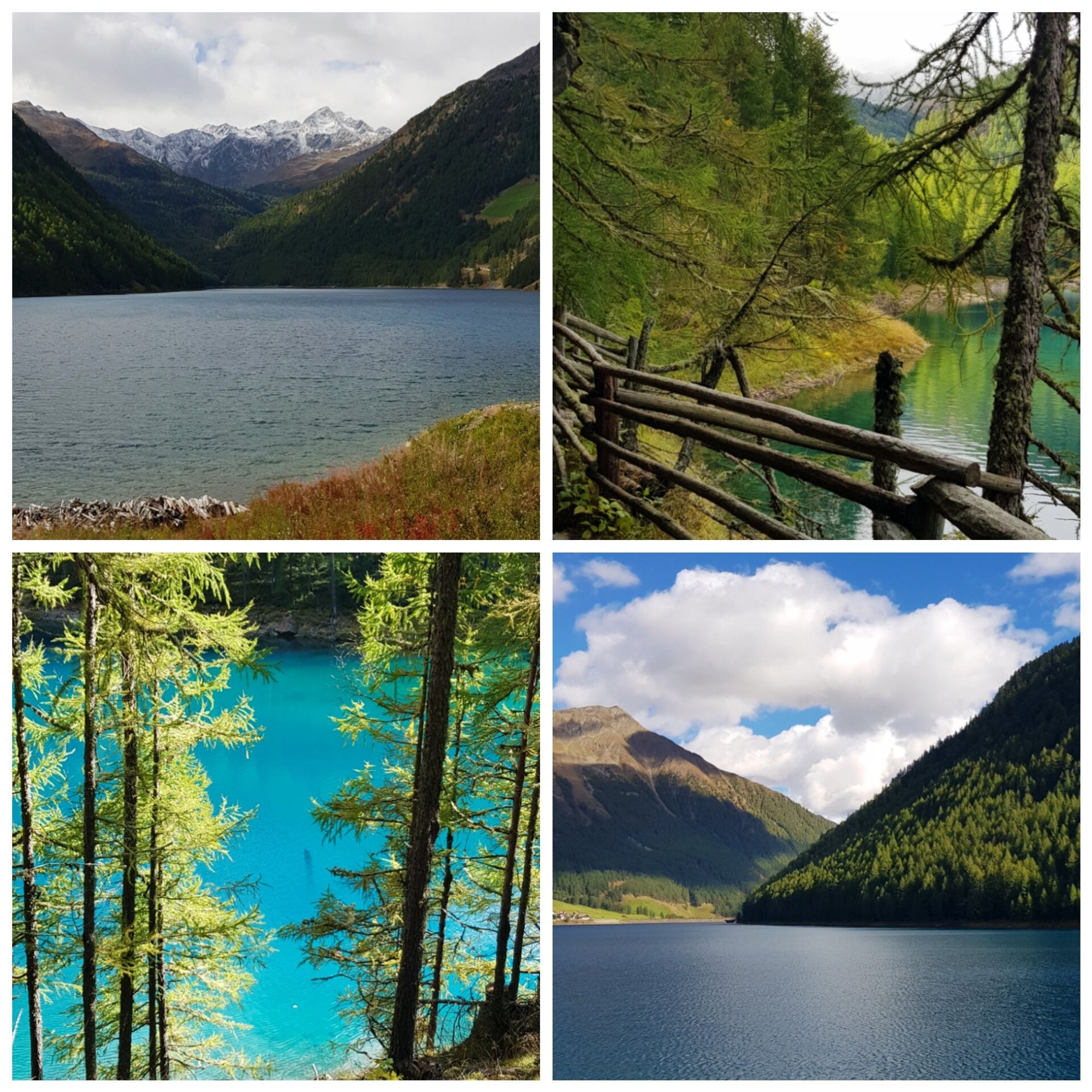 4 photos of a vibrant blue lake surrounded by mountains and trees.