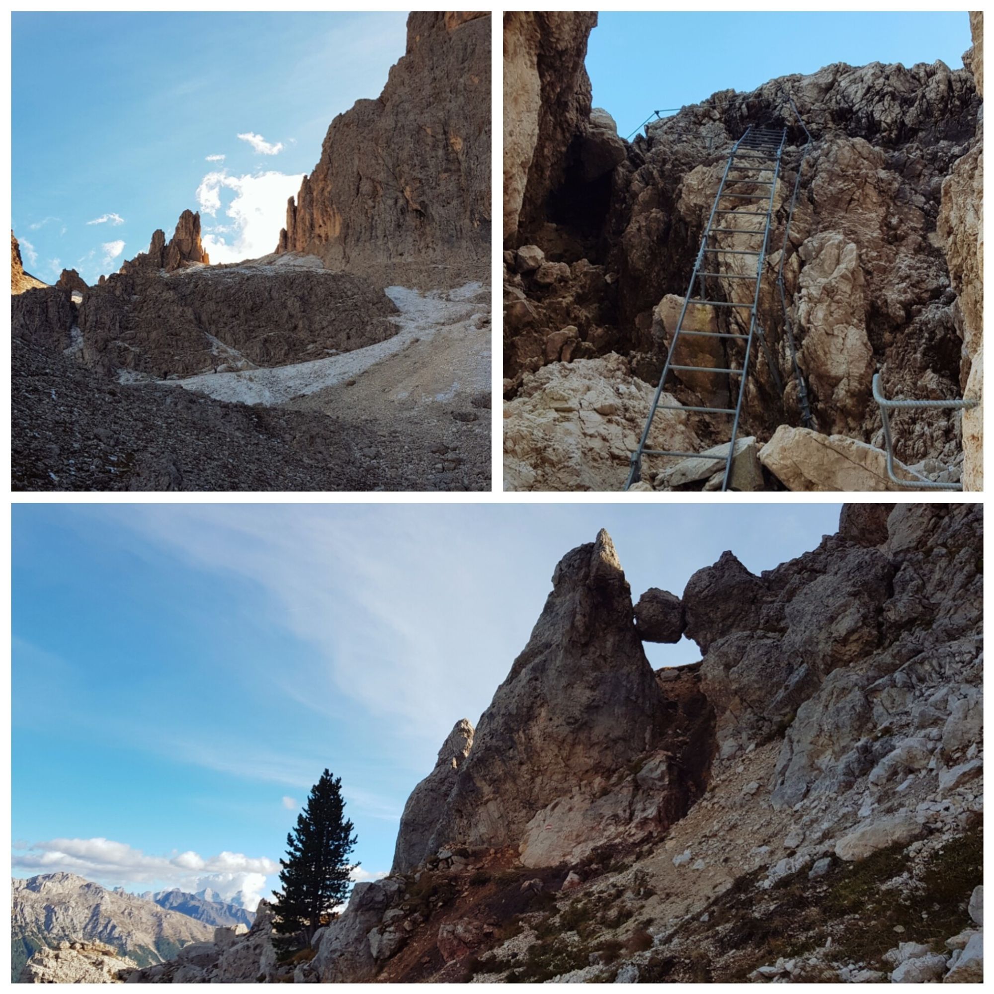 3 photos of a rough, rocky mountain landscape with a clear blue sky.