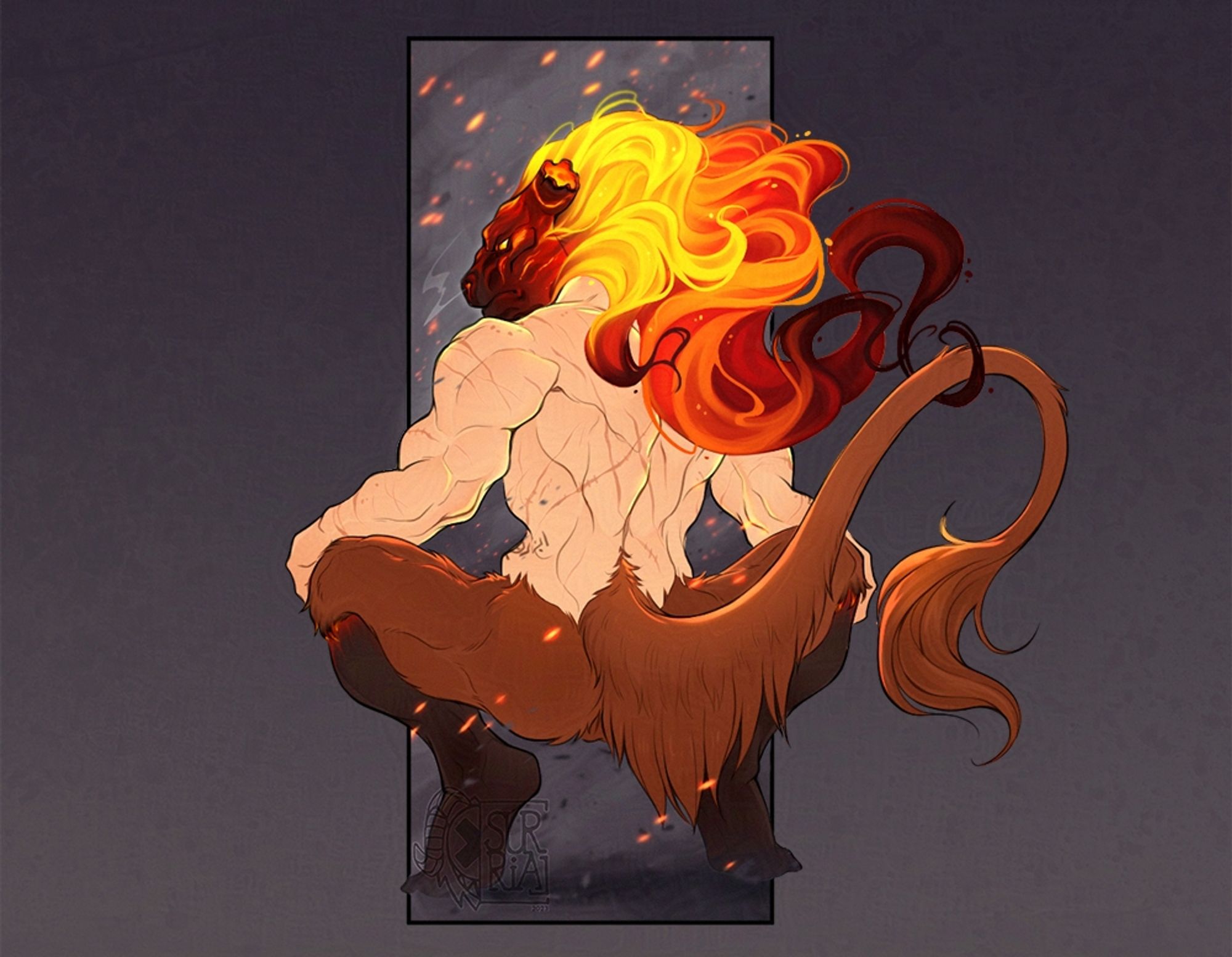 Drawing of a minotaur like character with burning long flame hair sitting in a squad pose with his back facing the audience. There is smoke and amber in the background.