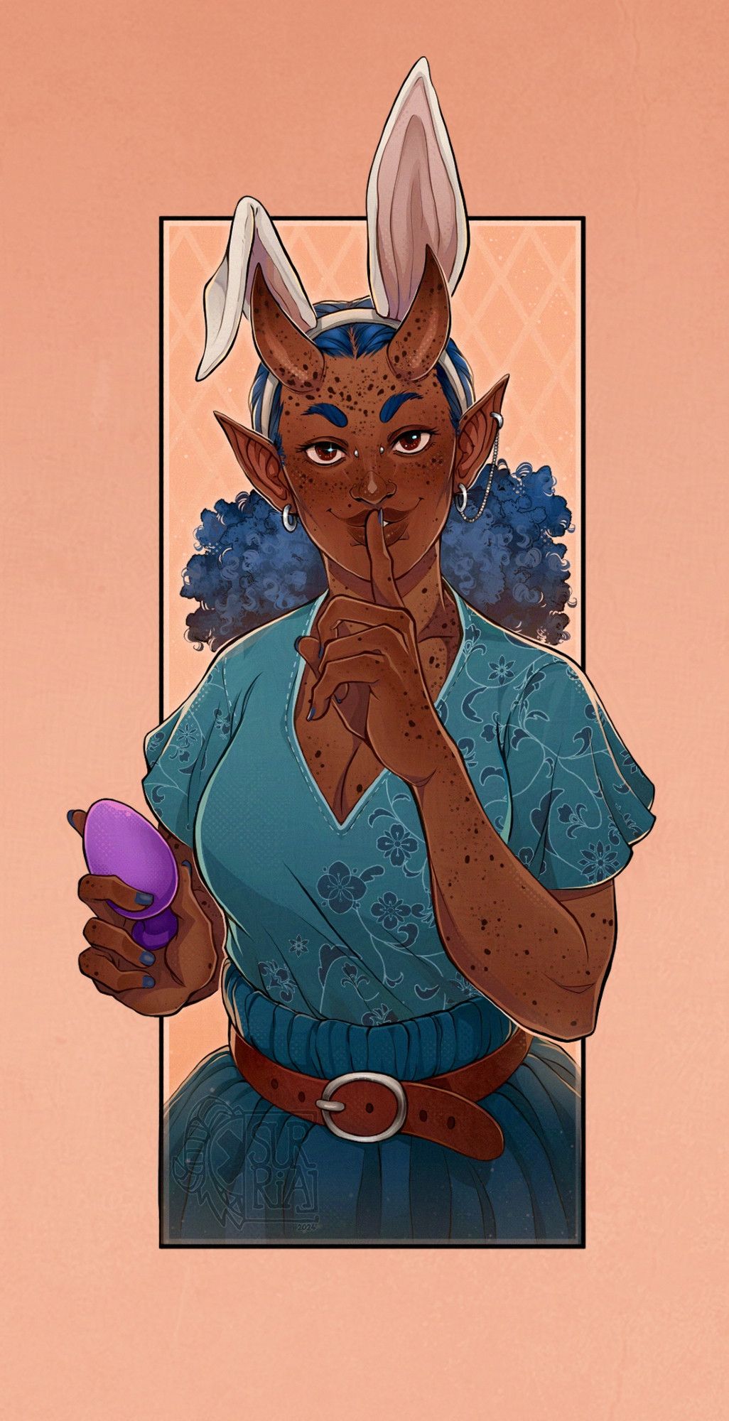 Drawing of a Tiefling woman wearing a teal shirt and skirt. She has bown skin, many freckles and blue curly hair bound to a pony tail. She wears bunny ears and is doing a "shhh" gesture with one finger infront of her lips. She's holding a purple egg in her other hand.