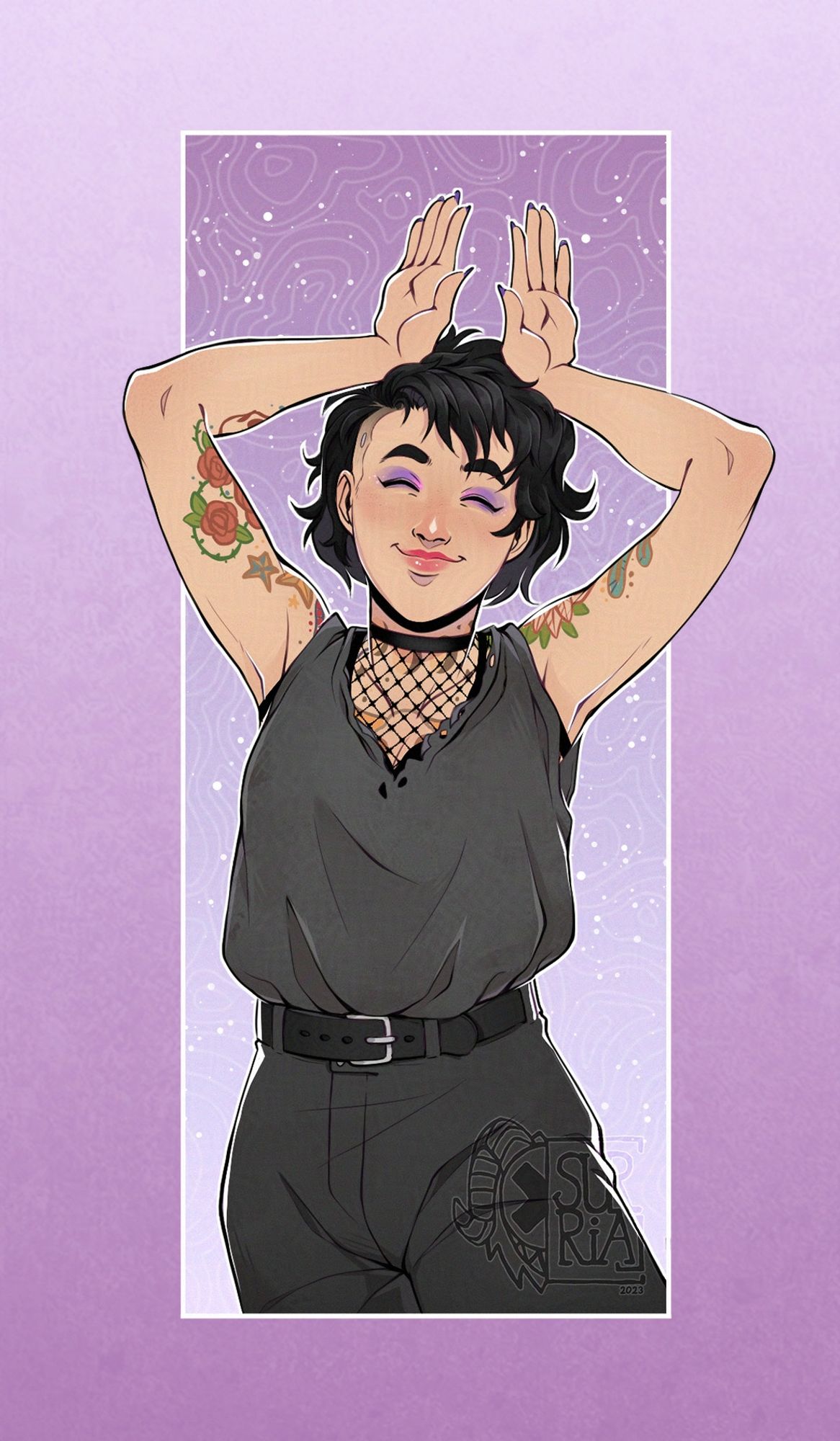 Drawing of a woman with a grey top, darker grey trousers and black hair holding her hands over her head like bunny ears. She has several tattoos on her shoulders and is smiling, eyes closed.