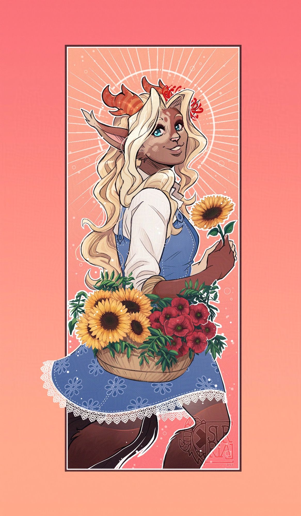 Drawing of a satyr like creature with long wavey blond hair, orange striped horns and brown fur. She is wearing a blue dress and holds a basket full of sunflowers and poppies and a single sunflower in her hand. She is smiling. There is also a sun like white halo behind her head on an orange-pink background.