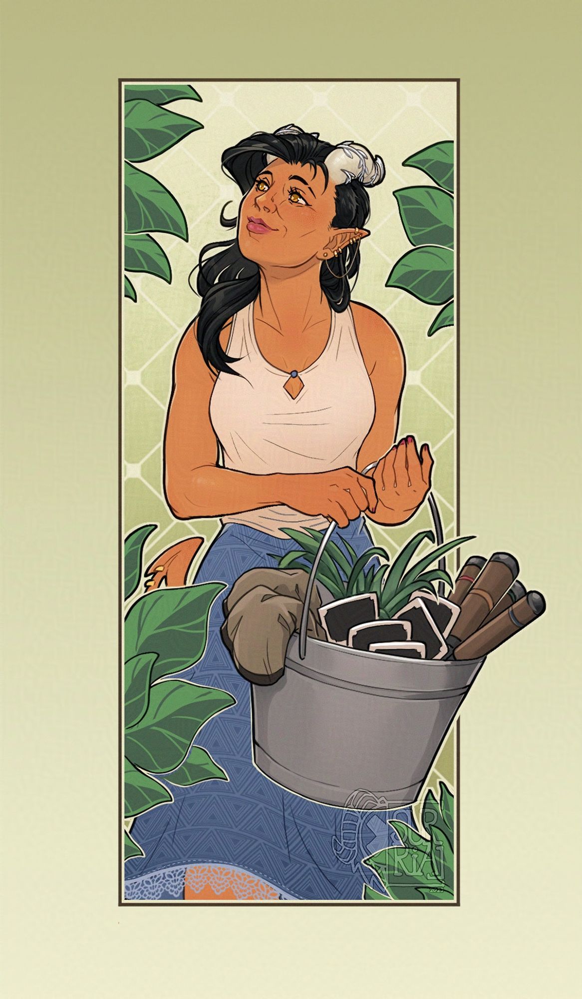 Drawing of an orange tiefling lady holding a bucket full of gardening tools. She has long black hair and wears a white tank-top and a blue skirt. There are green leaves on the sides of the image frame.