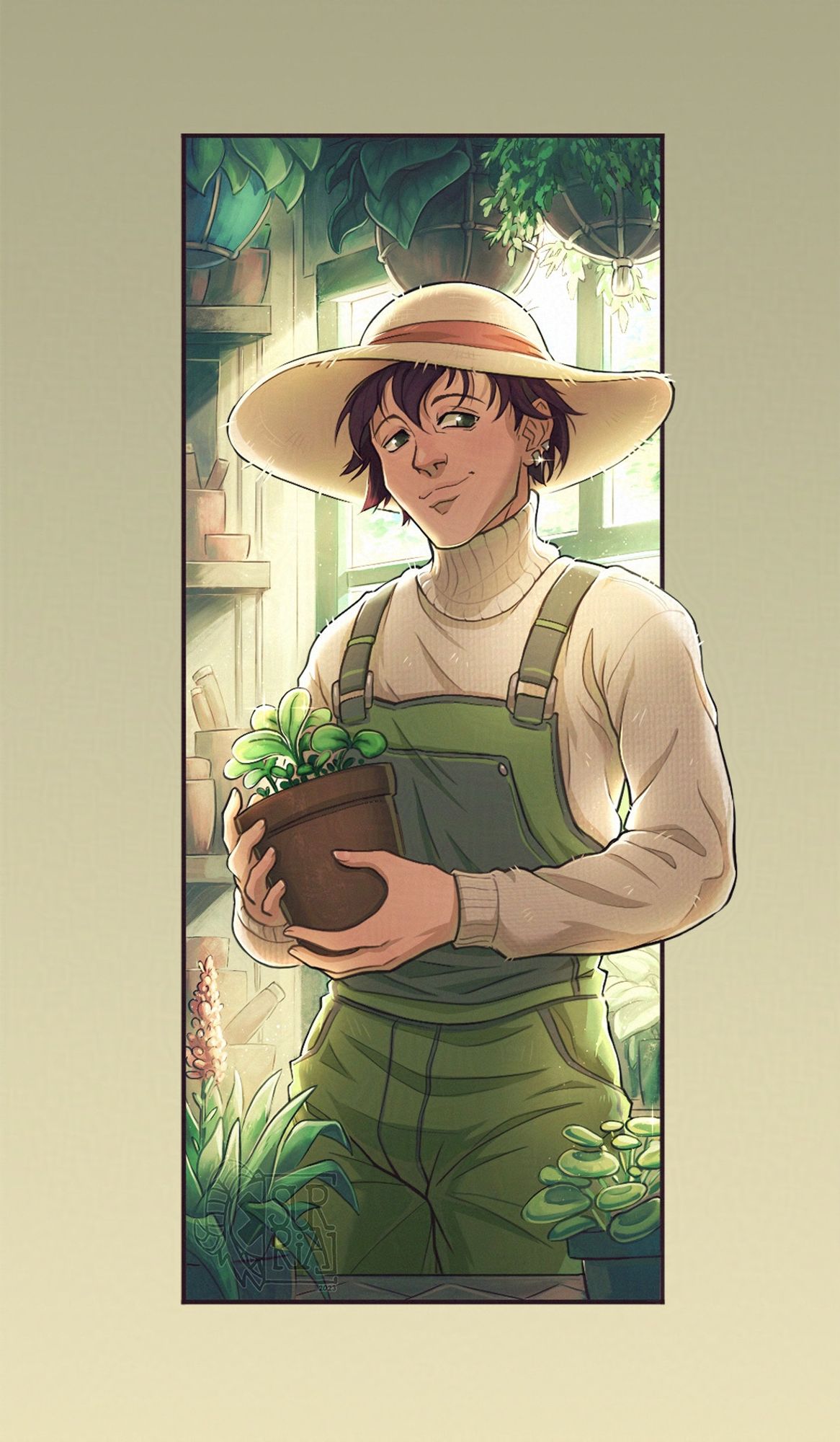 Drawing of a man in gardener clothing (green overall and sunhat) standing in a greenhouse holding a little pot with a plant. The sun shines through the window behind him. There are also some flowerpots infront of him.