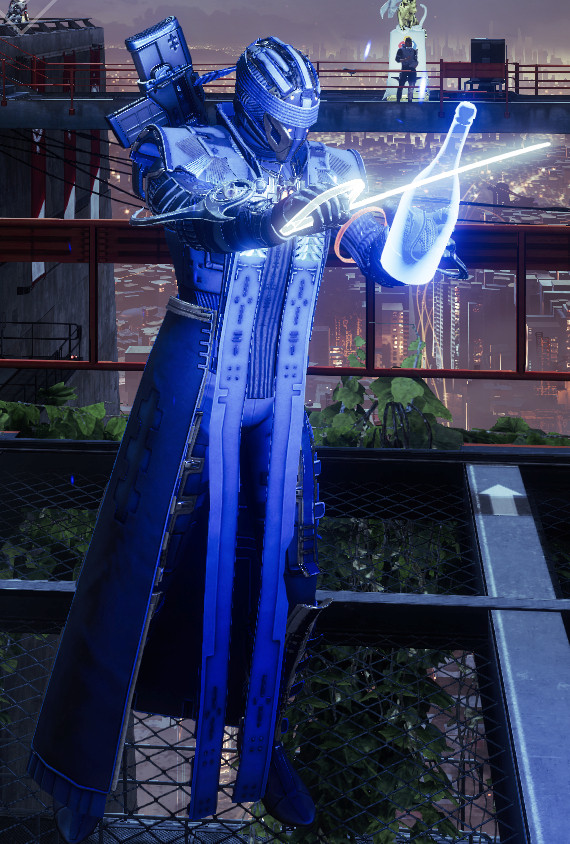 Destiny 2 Warlock Guardian uncorking a big champagne bottle with a saber, as one does