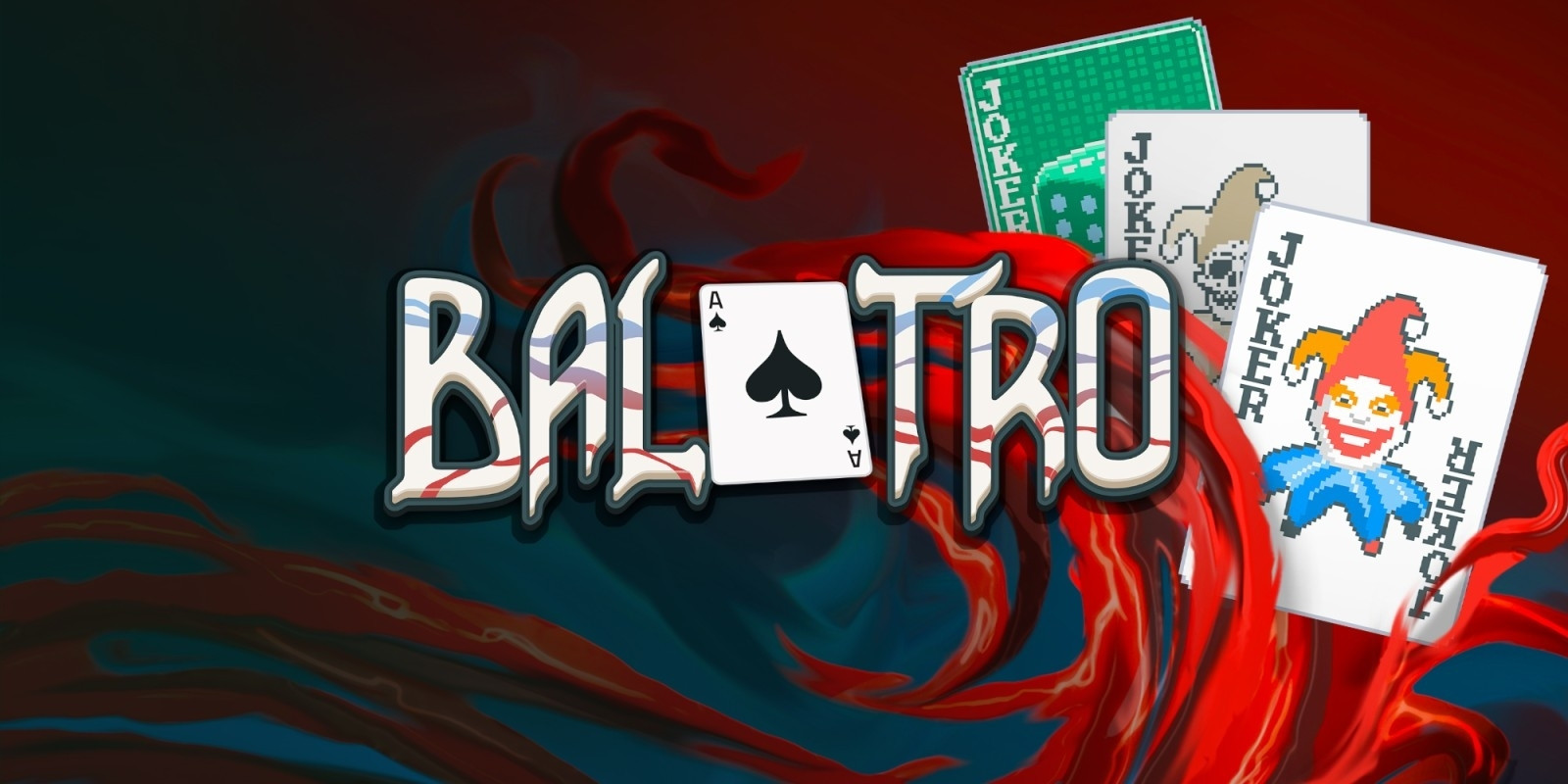 The logo image for the video game Balatro with the word on the foreground and three playing cards behind it.