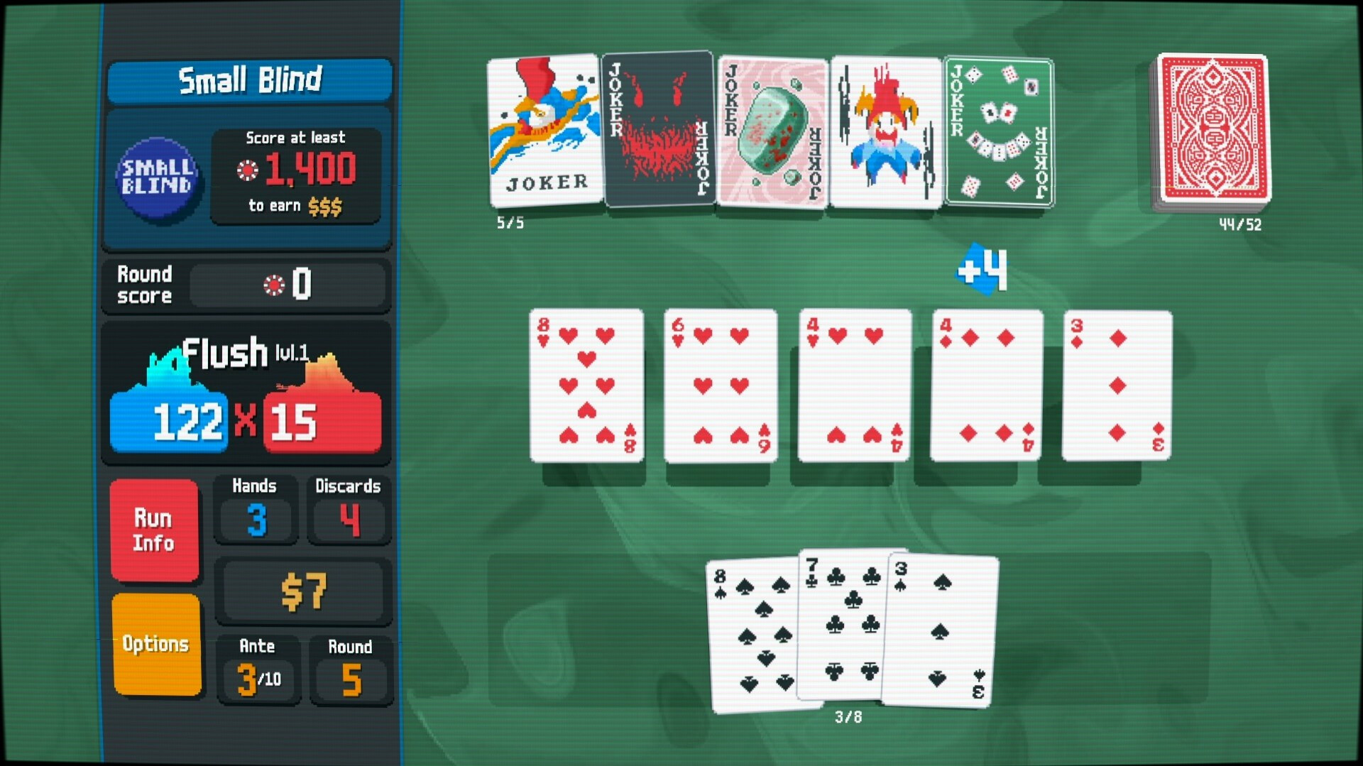 An image from the game Balatro which mixes roguelite and poker elements. It displays a green poker board with various different cards to create a hand.