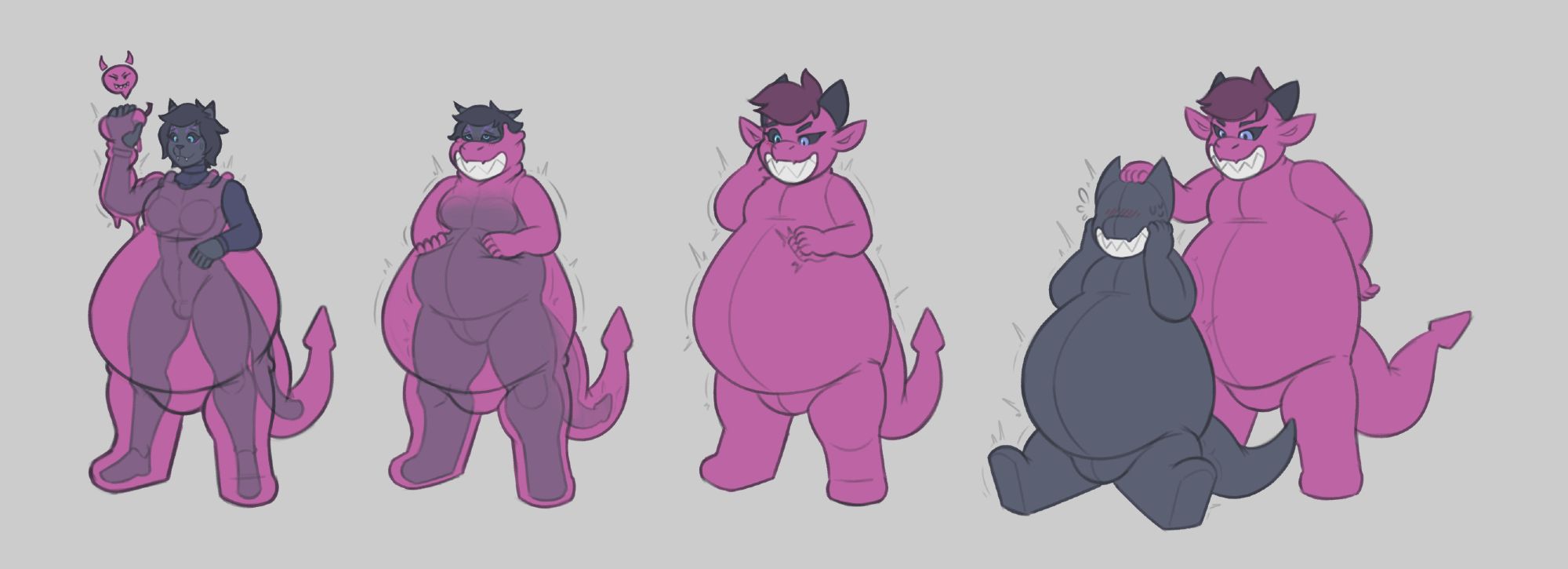 4-part sequence of my hrothgal in a catsuit holding up an unusually colored pear. She gets covered in purple fat mascot dragon goop and starts to take on the same shape before being released as an identically shaped creature that's missing some features.
#hrothgar #hrothgal #transformation #tf #art #ffxiv