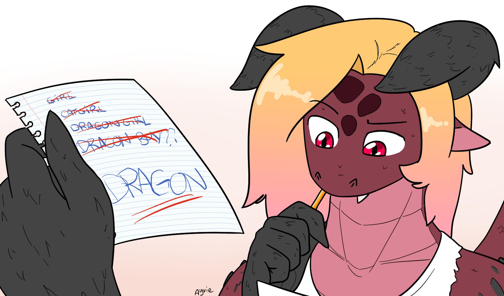 Dragon pondering a sheet of paper witha list of her progression with checked out genders: "girl", "catgirl", "dragon girl", "dragon boy??" and at the end the word "DRAGON" underscored