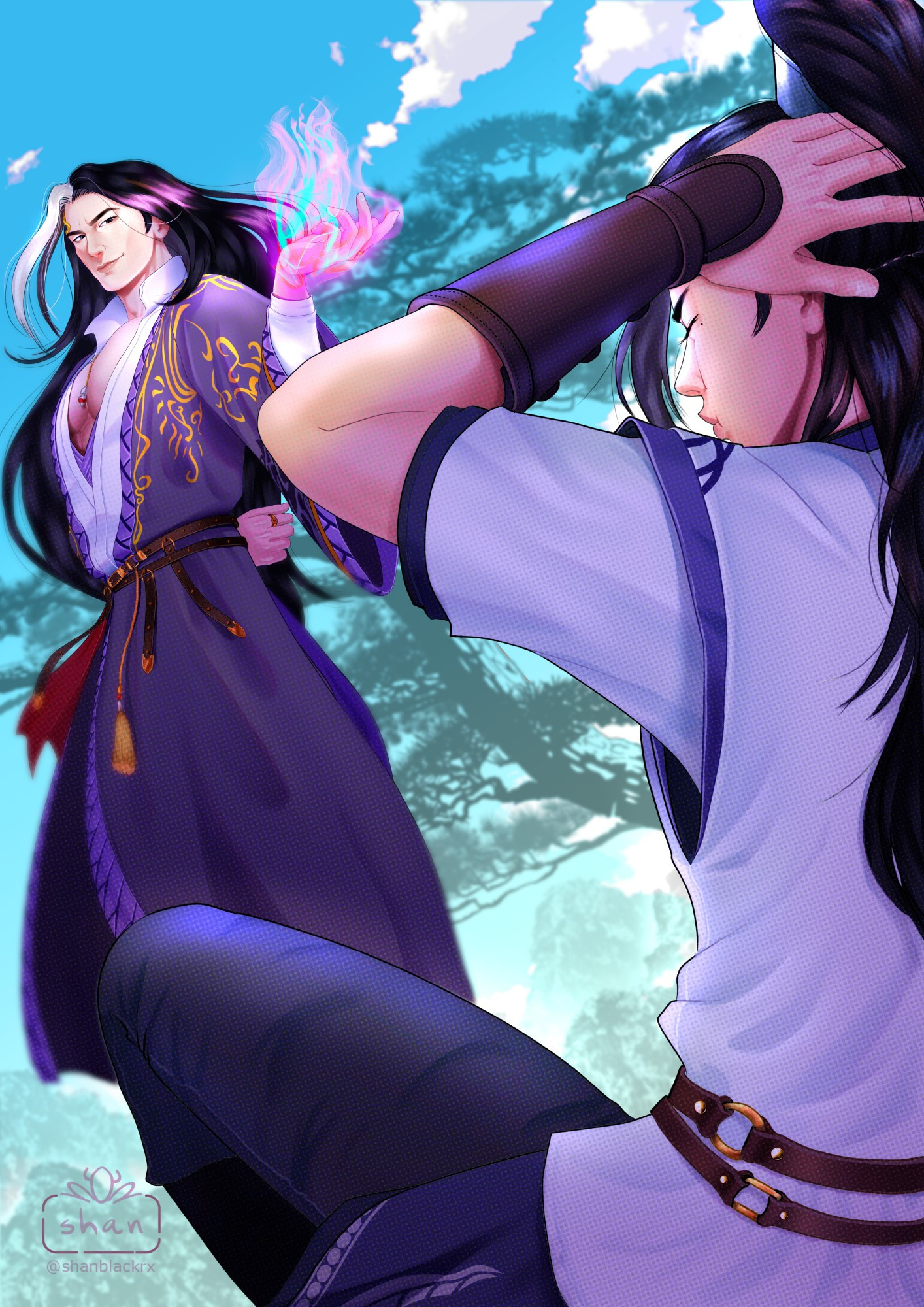 Full colored illustration of Yan Wushi and Yu Shengyan from the danmei novel Qian Qiu (Thousand Autumns). They have the donghua design. YWS is standing with his side turned to the viewer, with his right hand on his back and the other raised, showing purple flames with cyan core. He's smirking and looking down on YSY, who is, in turn, sitting on the ground as if knocked down by him. YSY is pouting and is rubbing the back of his head, with an expression of pain. The angle is lower, closer to YSY's view so his back is very close to the viewer in the foreground, only half his body showing, while YWS is basically shown in full in the background. There's a blue-greenish gradient background with shadows of a pine tree and mountains, and a few white clouds.