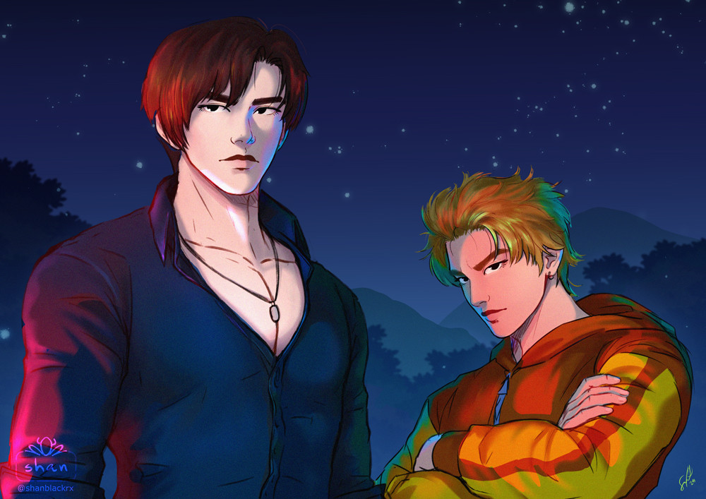 Colored fanart of the Takahashi brothers from the anime Initial D.
ID: The angle is slightly from below. Ryosuke is standing closer to the viewer. He is wearing a navy blue button-down shirt that is open to the middle of his chest. There is a small necklace. He is in a neutral pose and also has a neutral expression. Keisuke is standing behind him. He is wearing a hoodie, it is orange in the middle and has yellow sleeves with an orange stripe and orange cuffs. His arms are crossed and his expression is slightly irritated, with furrowed eyebrows. There are colored lights reflecting off of them. Behind them is a blurred background of trees and mountains. It is nighttime. End of description.