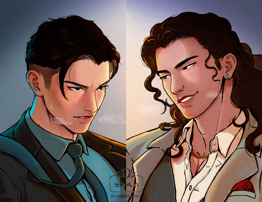 Illustration of Liu Qingge and Luo Binghe (original), modern AU.
Image description: Cropped portrait, full color illustration, two images in one. Liu Qingge is facing right. He has his hair short with an undercut, with part of his bangs falling on his face. He's frowning, with his mouth slightly open, and has hot puffs of breath around his head. He's wearing a suit, with a blue dress shirt and darker blue tie. The tip of the tie is on his shoulder.
Luo Binghe is facing left. His hair is a bit longer, past his shoulders, and is wavy. He wears it in a half ponytail. He's smirking, eyes squinting a little, and also has hot puffs of breath around his head. He's also wearing a suit, it's cream, with a grey waistcoat and light shirt, with first buttons open, and red handkerchief in the pocket. He's wearing small jewelry.