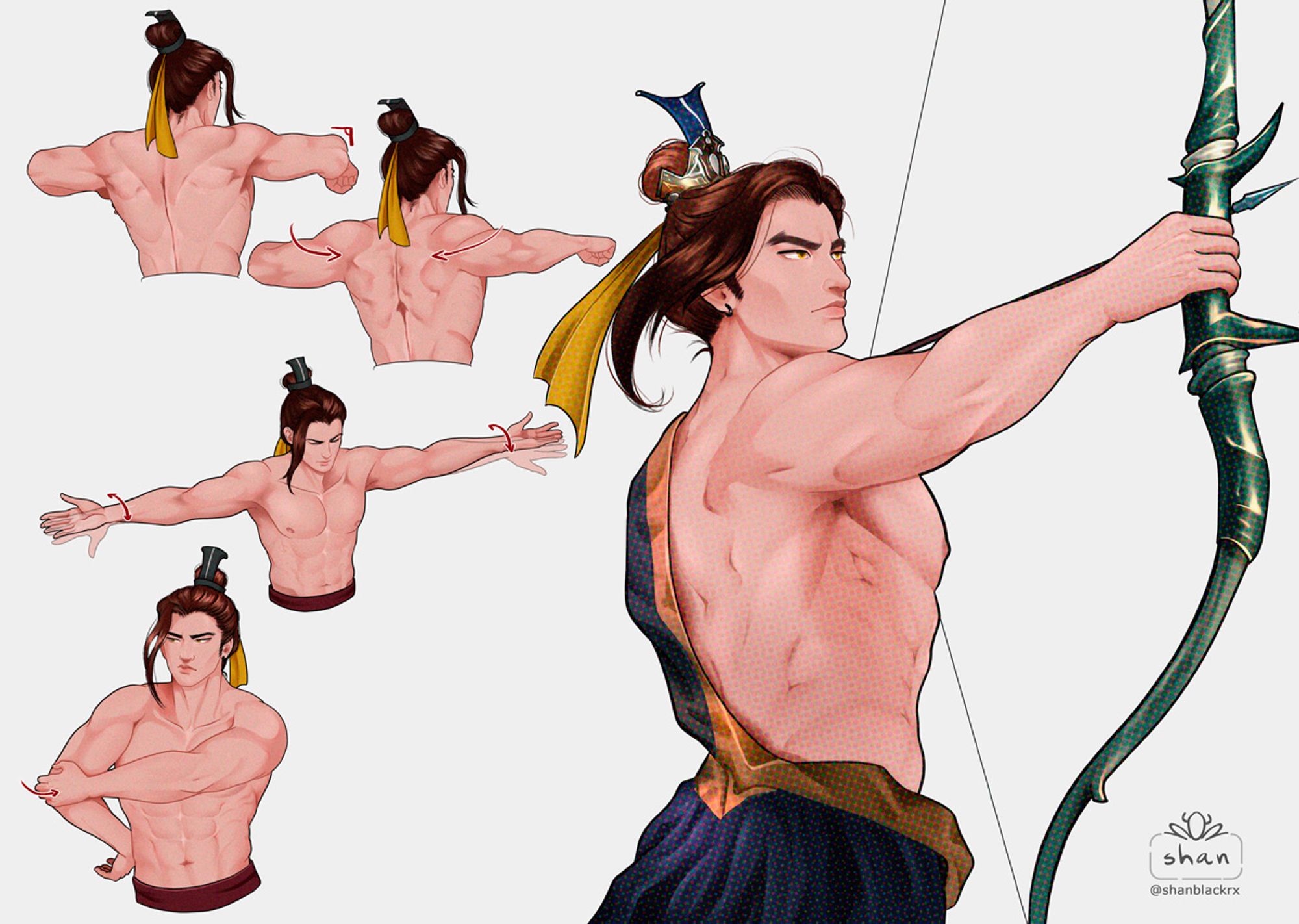 Full color illustration of Feng Xin from the danmei Heaven Official's Blessing by MXTX.
There's 4 illustrations: smaller ones on the left, with shirtless Feng Xin doing stretch exercises for archery; and a bigger one on the right, with him using his bow, upper half of his clothes are partially down, showing the right side of his torso.