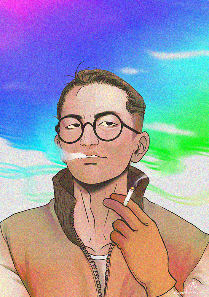 Fanart of Kim Kitsuragi, from the game Disco Elysium.
ID: This is a colorful portrait illustration, showing him only from the shoulders up. He is facing the viewer. The colors are mostly flat, without much shading. He has one hand raised, with a cigarette between his (gloved) fingers. He is releasing smoke, which blends into the rainbow-colored background, suggesting that the colors are from his smoke. He has a partially neutral expression, with only a slight smile.
End of description.