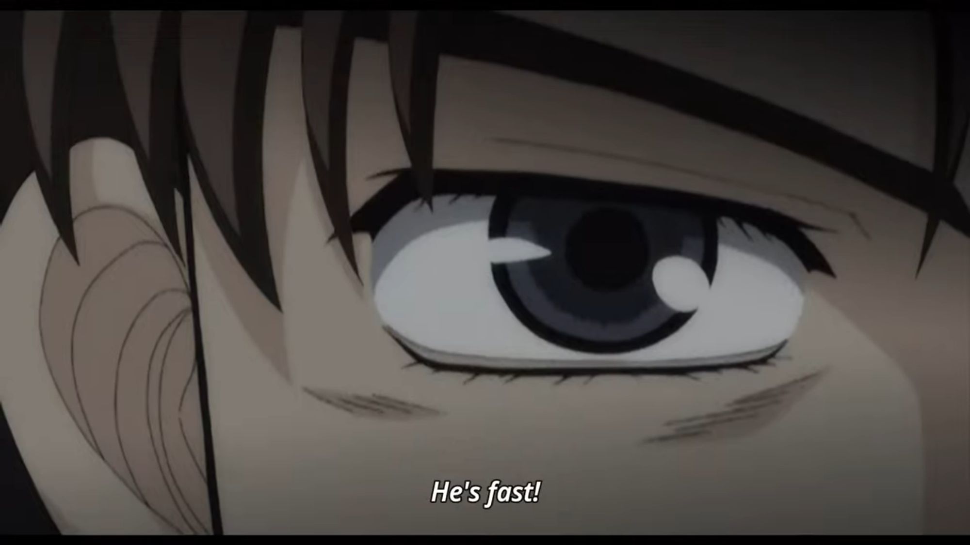 Even closer up of Takumi's eye, he's  now frowning, saying "He's fast!"