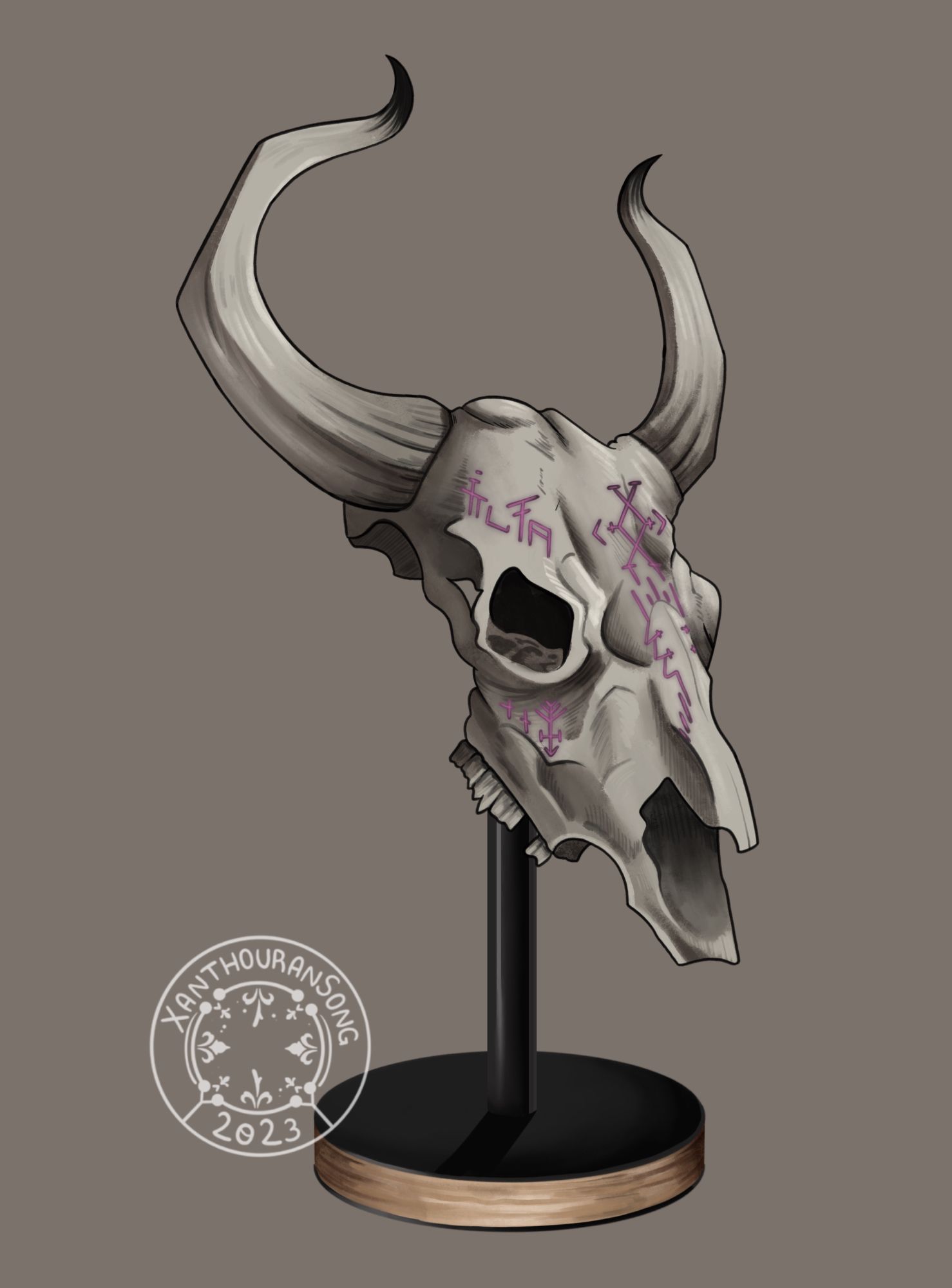 An illustration of a bull's skull on a pedestal. It supposedly belongs to the mythical creature, the Hodag.