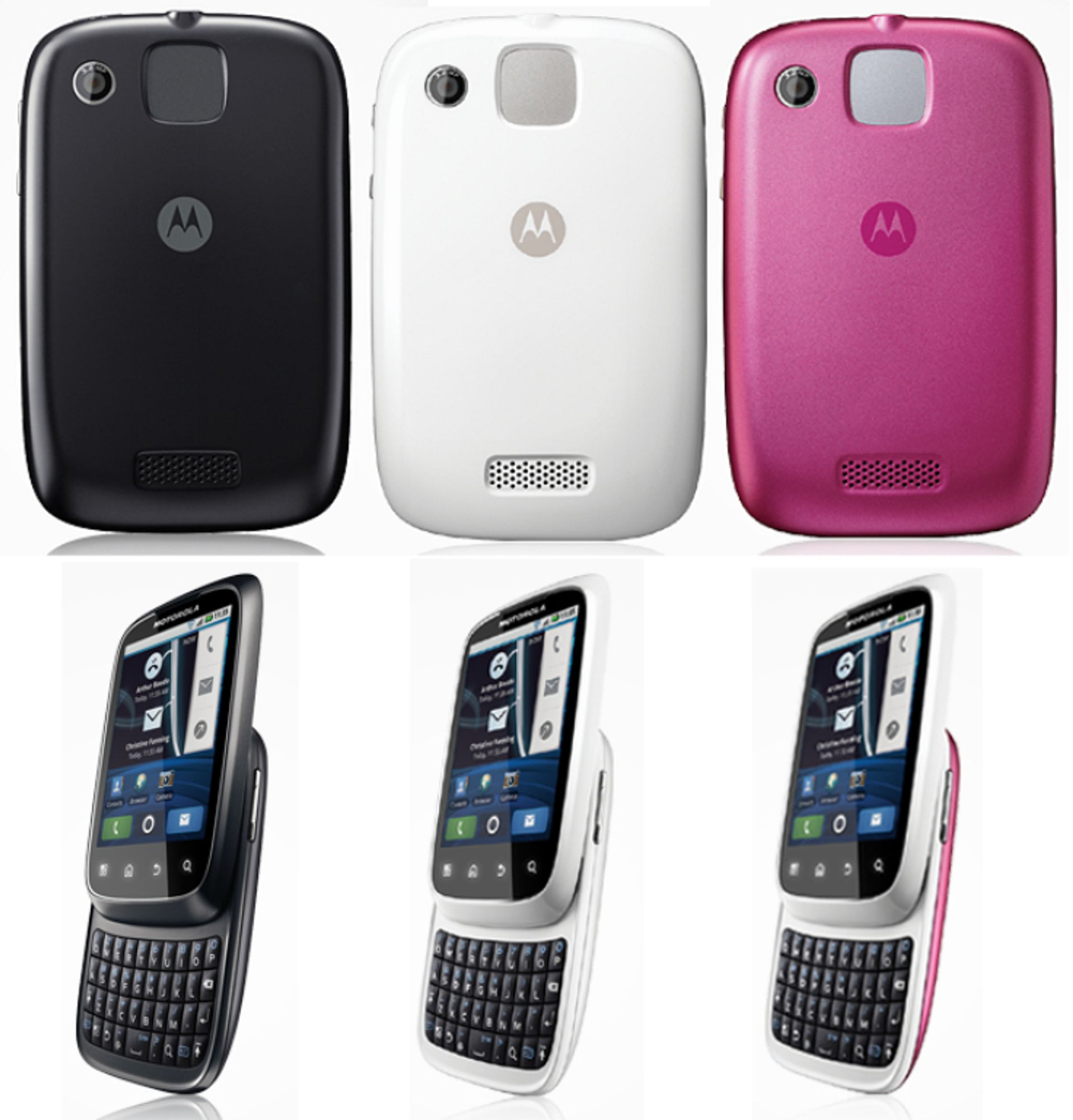 motorola xt300, um design que remete uma pedra de rio arredondada, com teclado retrátil e touchpad na parte de trás, na foto é mostrado três cores, grafite, branco e rosa