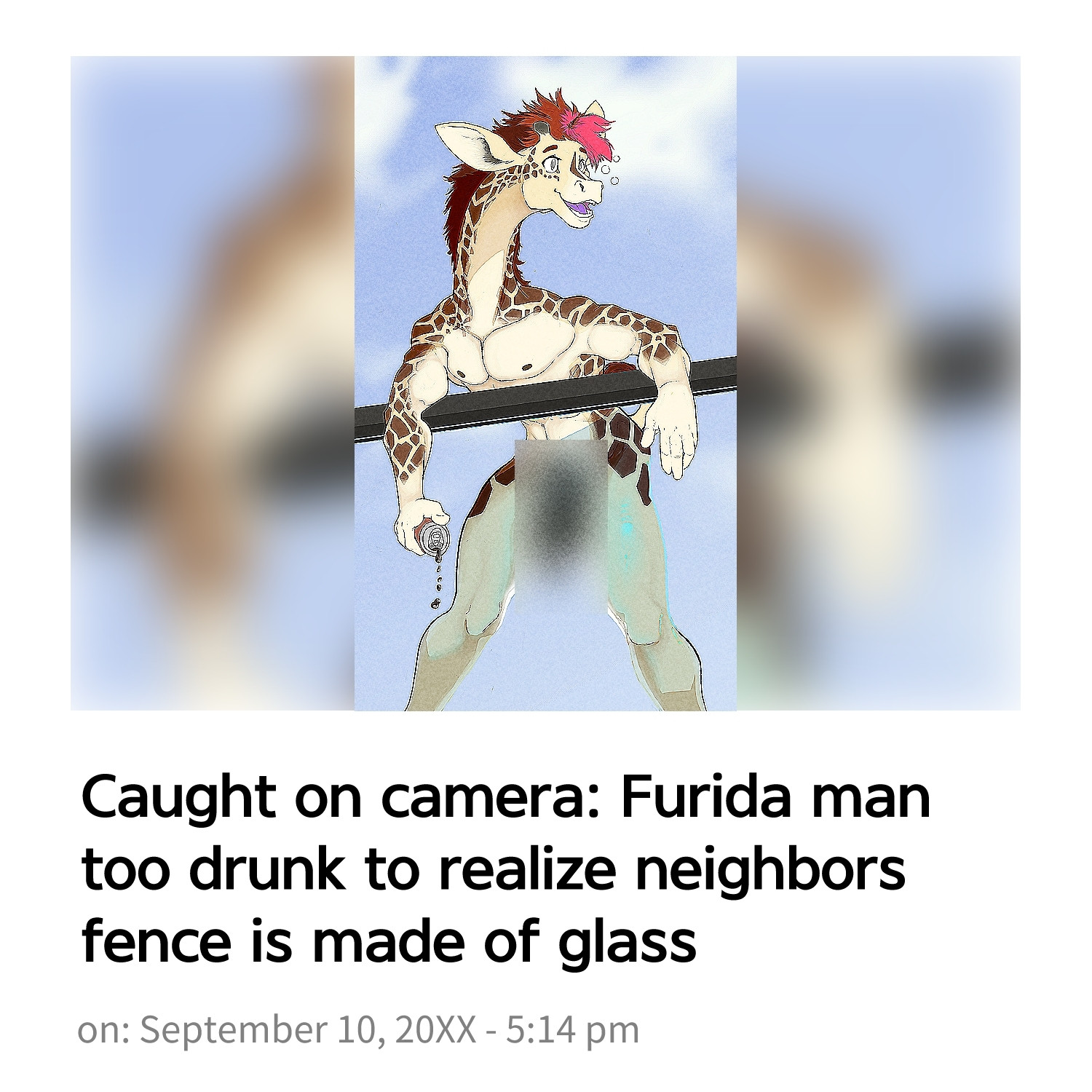 A fake news headline that reads: "Caught on camera: Furida man too drunk to realize neighbors fence is made of glass".