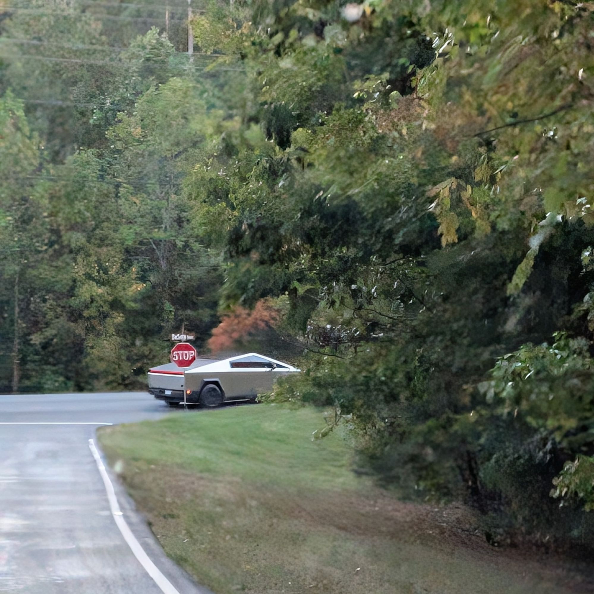 Tesla truck on wooded back street