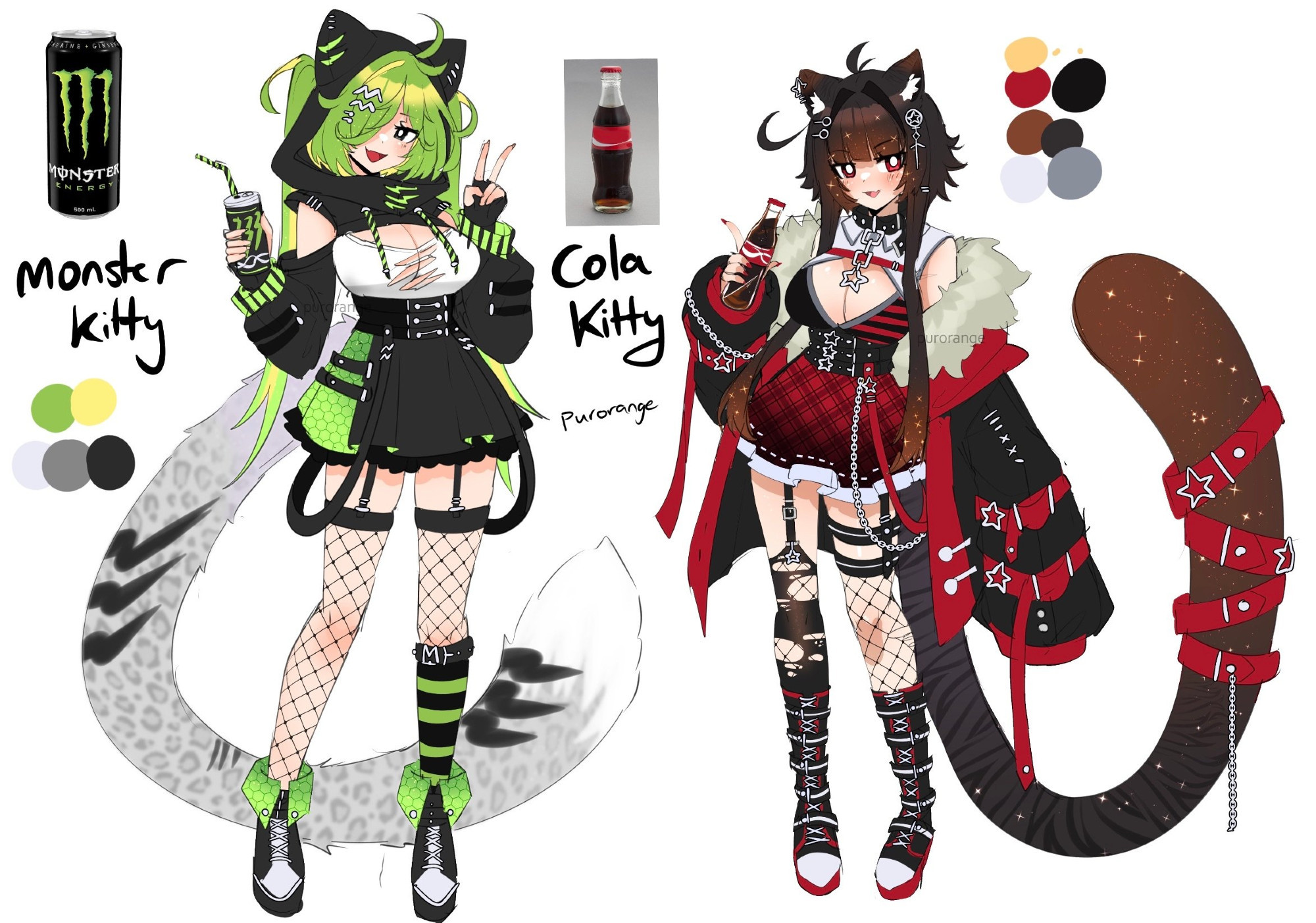 two cat girls are standing next to eachother.

the first is based on the monster drink, she has green hair and is a leopard. She wears alt clothing with a ripped shirt and fishnet stockings. 

the second is based on cola, she has brown to black hair with sparkles in it to imitate fizz, and she wears a fluffy coat with alt plaid clothing. she has asymmetrical socks, one is fishnets and the other is a ripped sock. she also wears belted up boots.