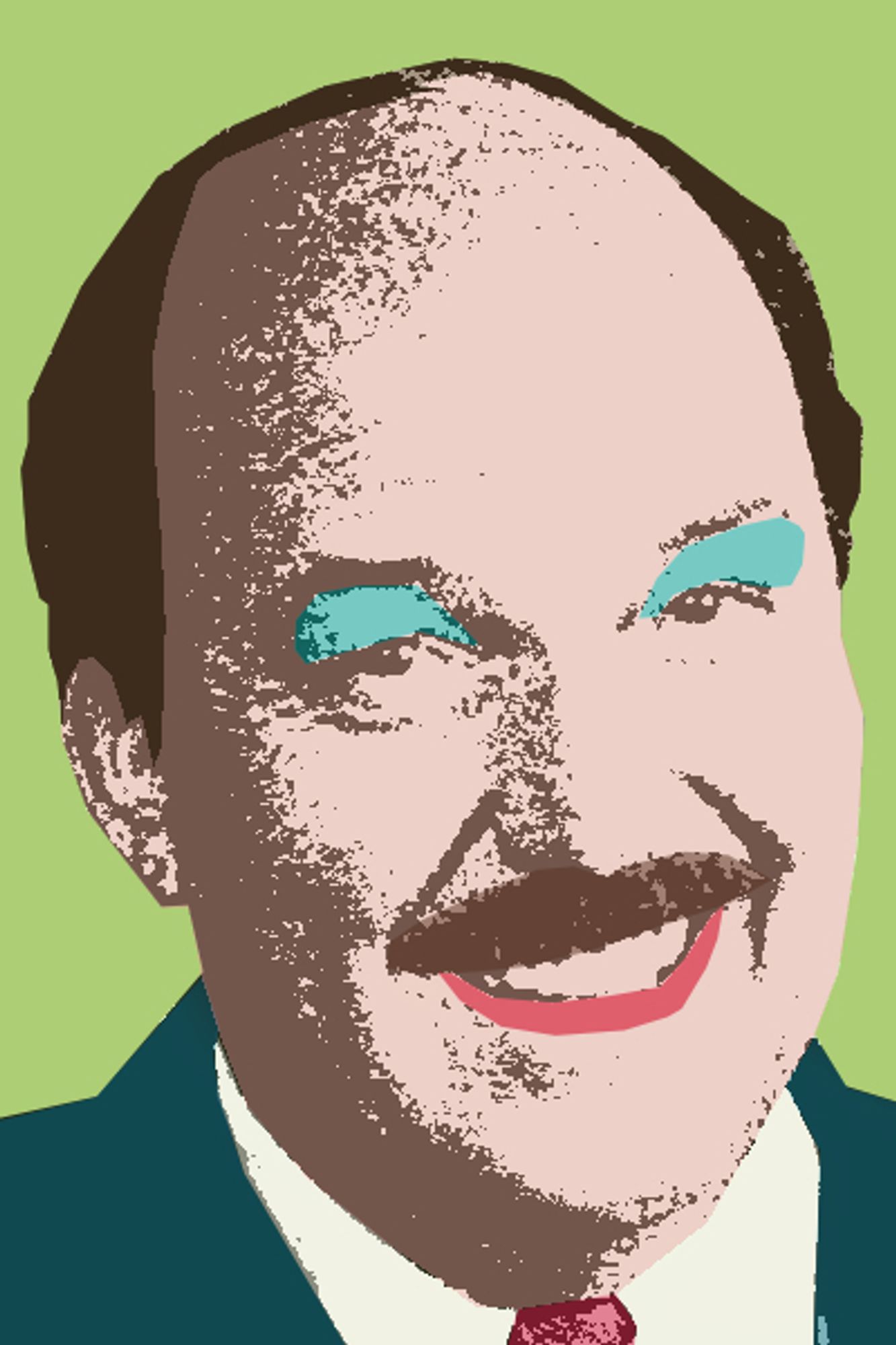 A vibrantly colored, stylized digital artwork in the style of Andy Warhol of "Mean" Gene Okerlund, in the official brand colors of the World Wildlife Fund for maximum flavour.