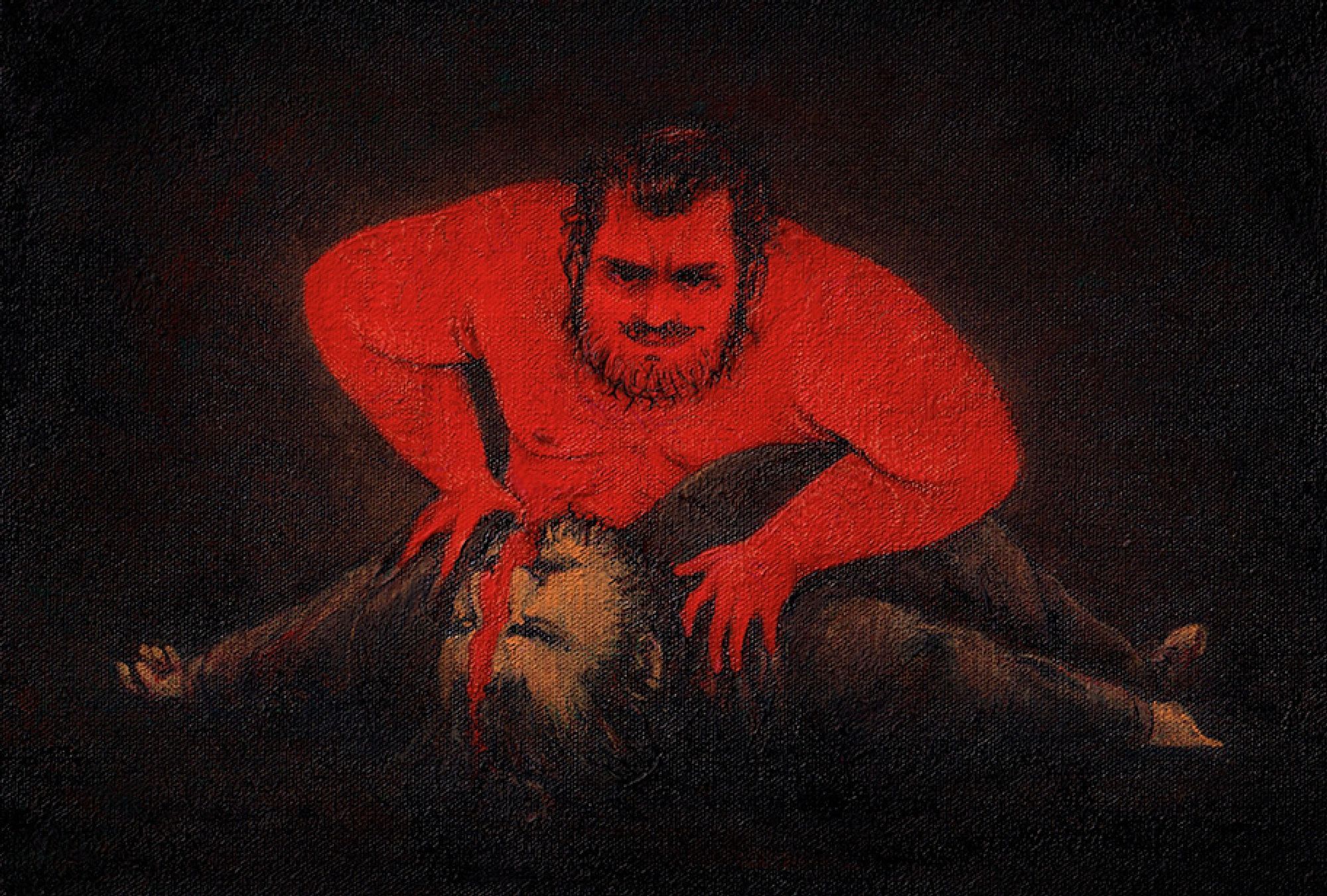 A man covered in red crawling out of the dead body of the same man. The two figures are surrounded by darkness. Watercolour, gouache, acrylic, ink, pencil crayon on canvas