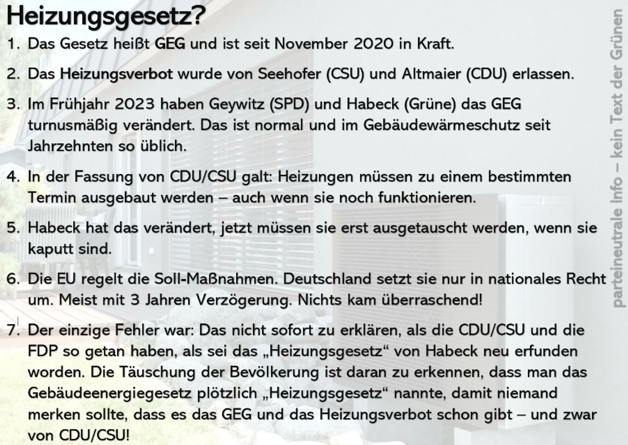 Die Historie des GEG, gegen das als sogenanntes Heizungsgesetz von Union, FDP und den Springer Medien gehetzt wurde.