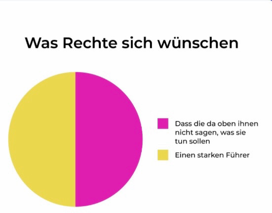 Grafik mit 2 gleichen Hälften: 
Rot: Rechte wollen nicht gesagt bekommen was sie tun sollen
Gelb: Wollen aber einen starken Führer.