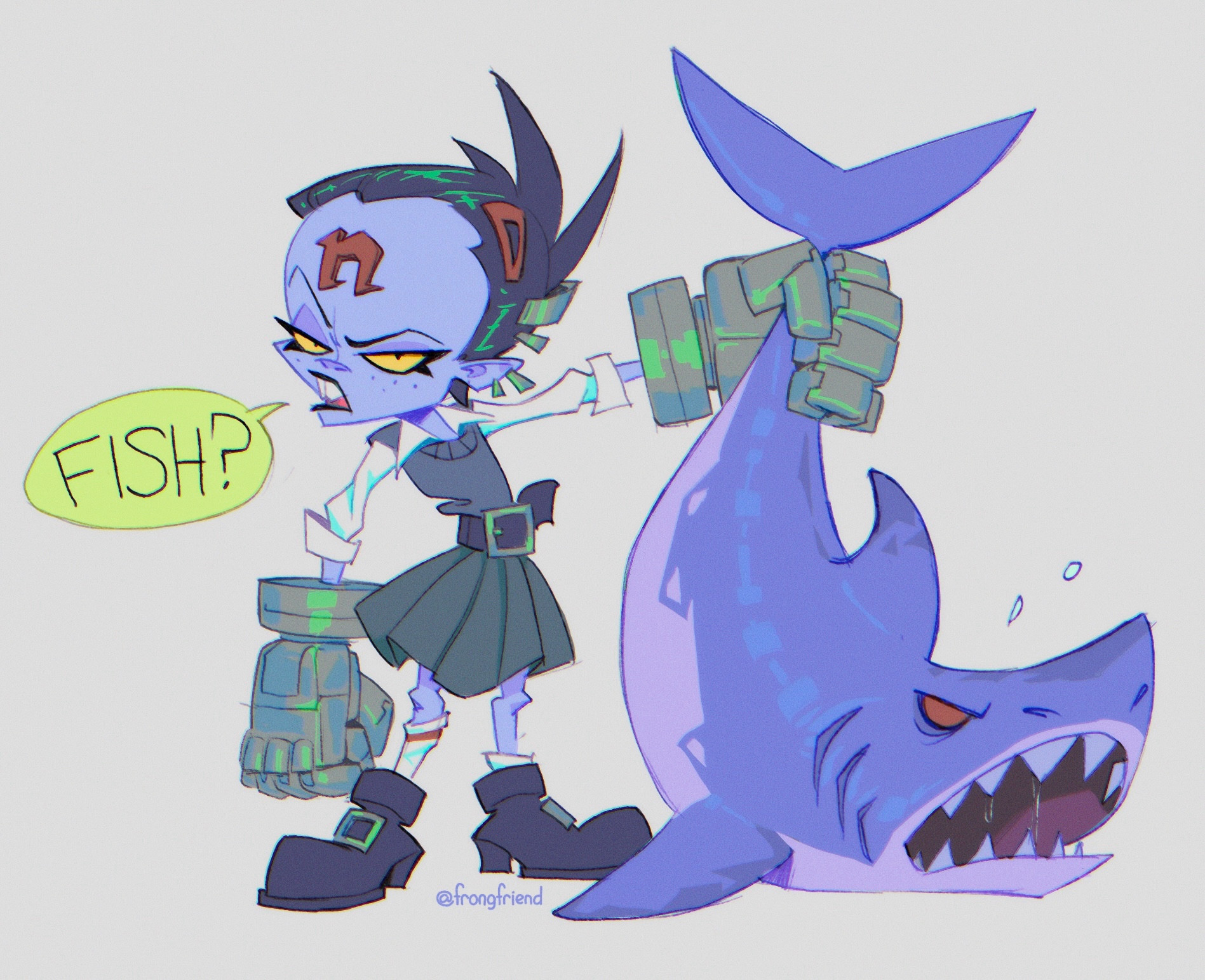 A drawing of Nina Cortex holding a shark in her left robotic hand and presenting it to the viewer. With annoyed expression she asks the viewer: “Fish?”