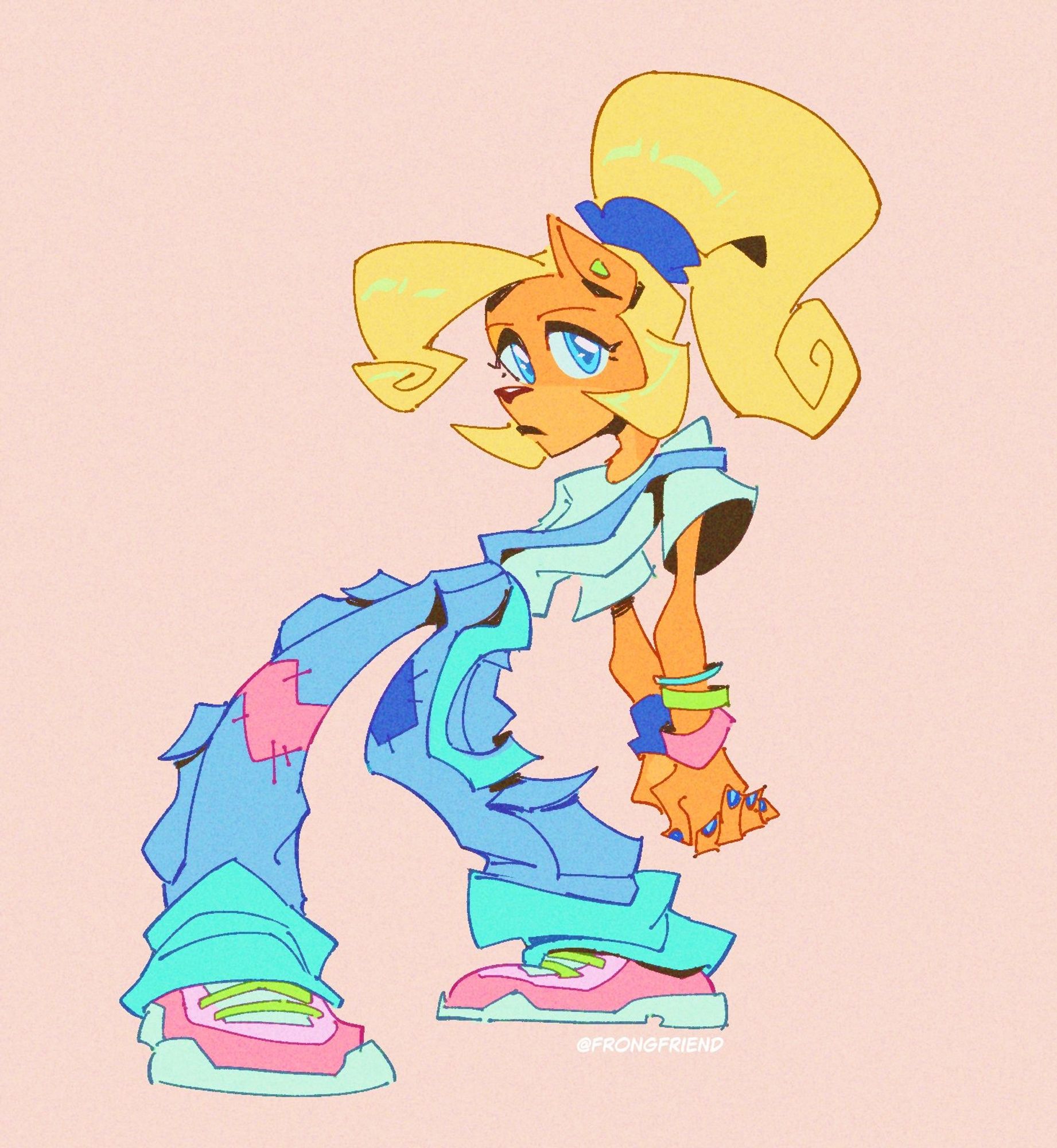 A drawing of Coco Bandicoot with vibrant colors doing a fashion pose. She is serving cool gal energy