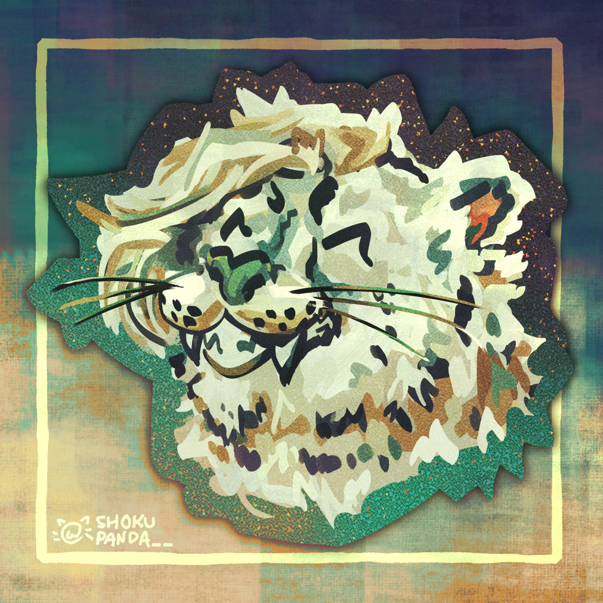 portrait of a now leopard with a side swoop hair grinning, done in a stylized painterly-ish manner, illustrated in a way that looks like a glitter sticker