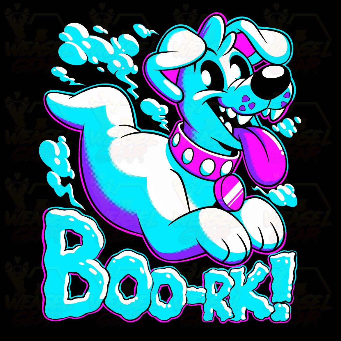 Colorful ghost dog graphic t-shirt design.