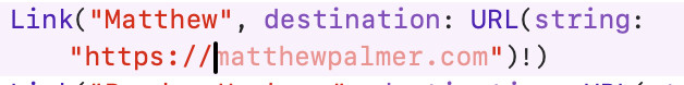 Xcode's AI autocomplete completing "Matthew" to "https://matthewpalmer.com"