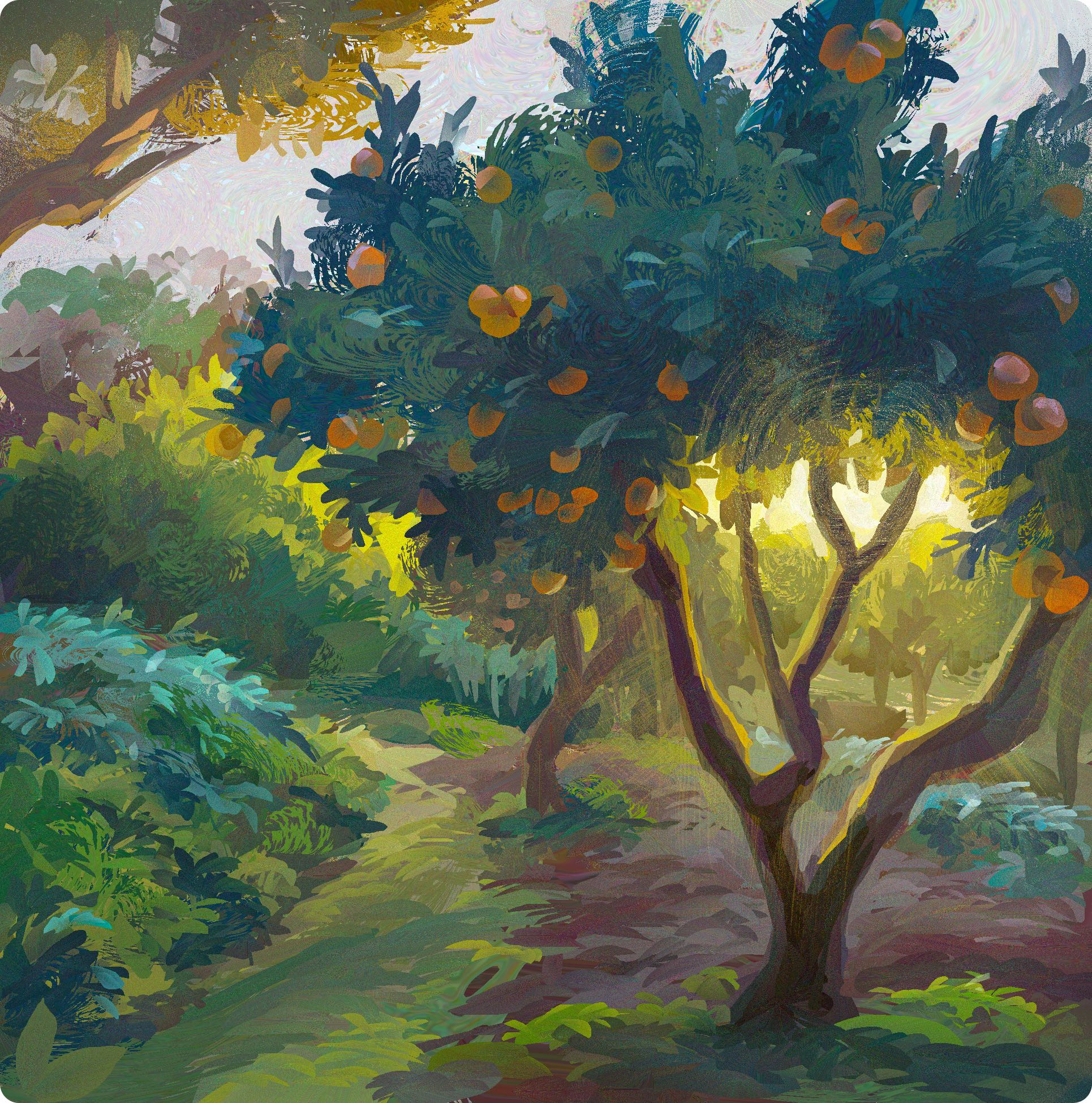 Painting of an orange tree in a garden with rays of sun piercing through the foliage 